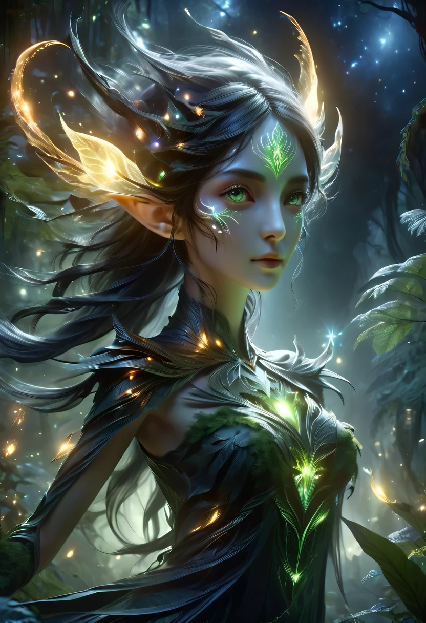 hyper detailed masterpiece, Dynamic, good quality,Floating Elf Portrait DonMW15pXL ，Female elf in the jungle，starlight，firefly，dark，Gothic
