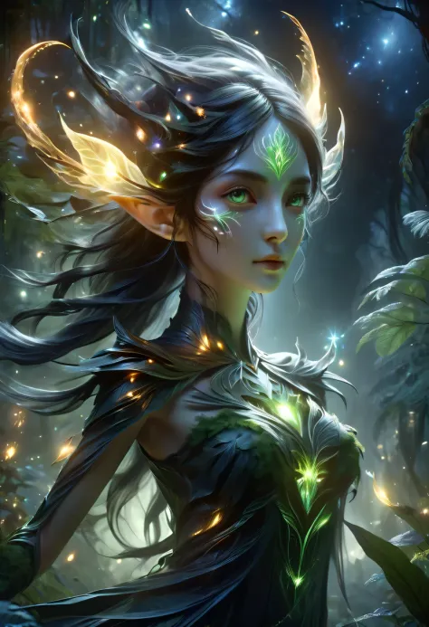 hyper detailed masterpiece, Dynamic, good quality,Floating Elf Portrait DonMW15pXL ，Female elf in the jungle，starlight，firefly，d...