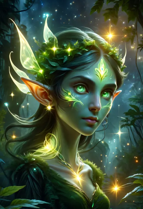 hyper detailed masterpiece, dynamic, good quality,floating elf portrait donmw15pxl ，female elf in the jungle，starlight，firefly，