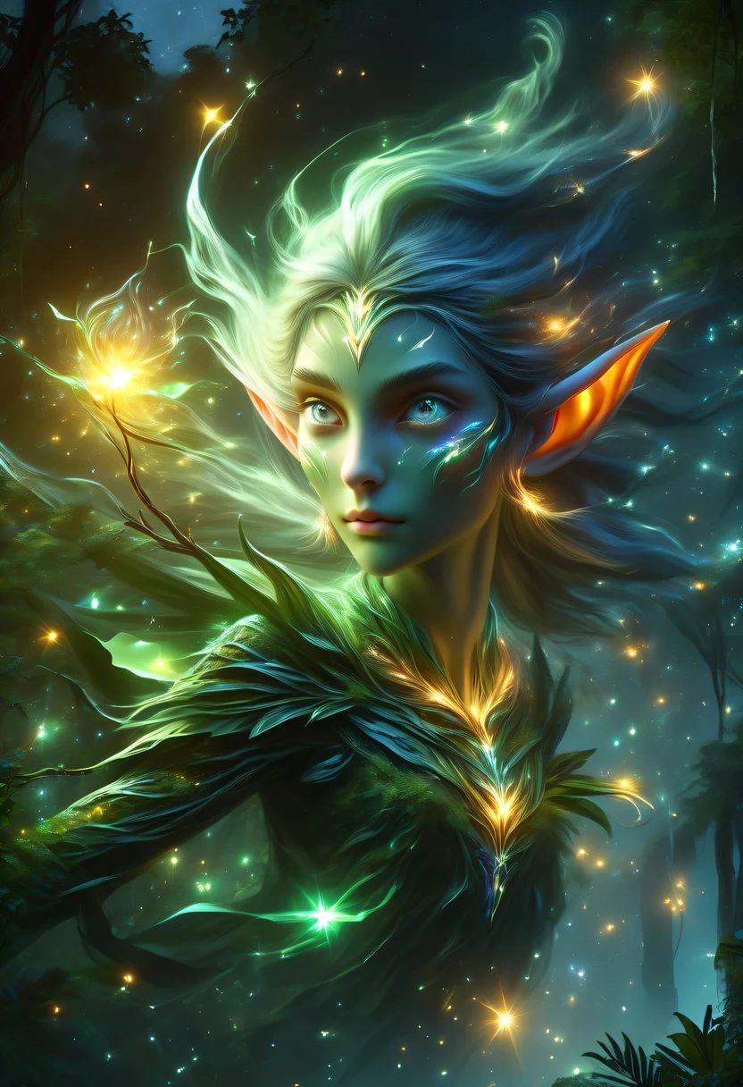 hyper detailed masterpiece, Dynamic, good quality,Floating Elf Portrait DonMW15pXL ，Female elf in the jungle，starlight，firefly，