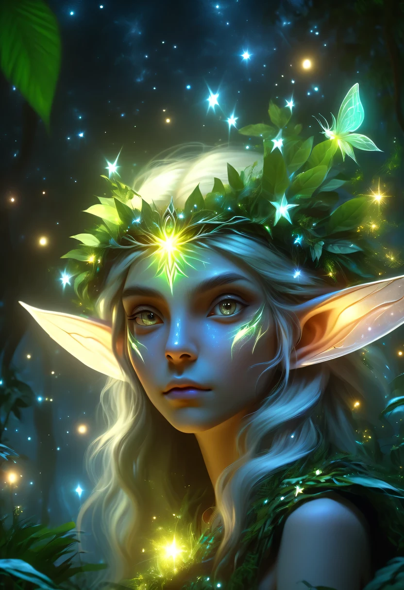 Retrato de elfo，Elfa feminina na selva，Luz das estrelas，vaga-lume，