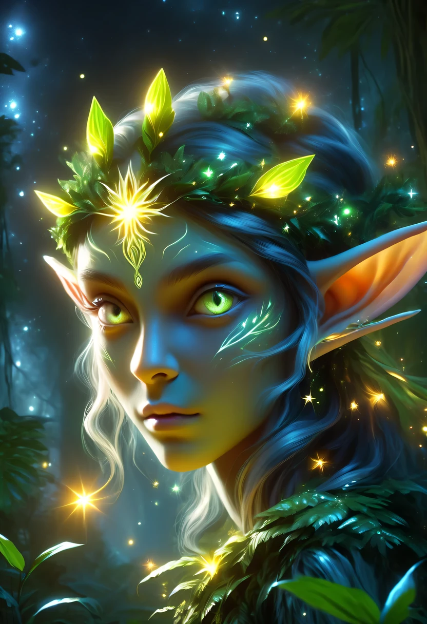 Retrato de elfo，Elfa en la jungla，Luz de las estrellas，Luciérnaga，