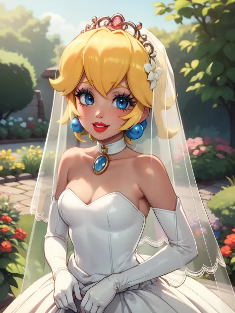 Peach Wedding Dress, red lipstick, blue eye shadow, smiling, garden background 