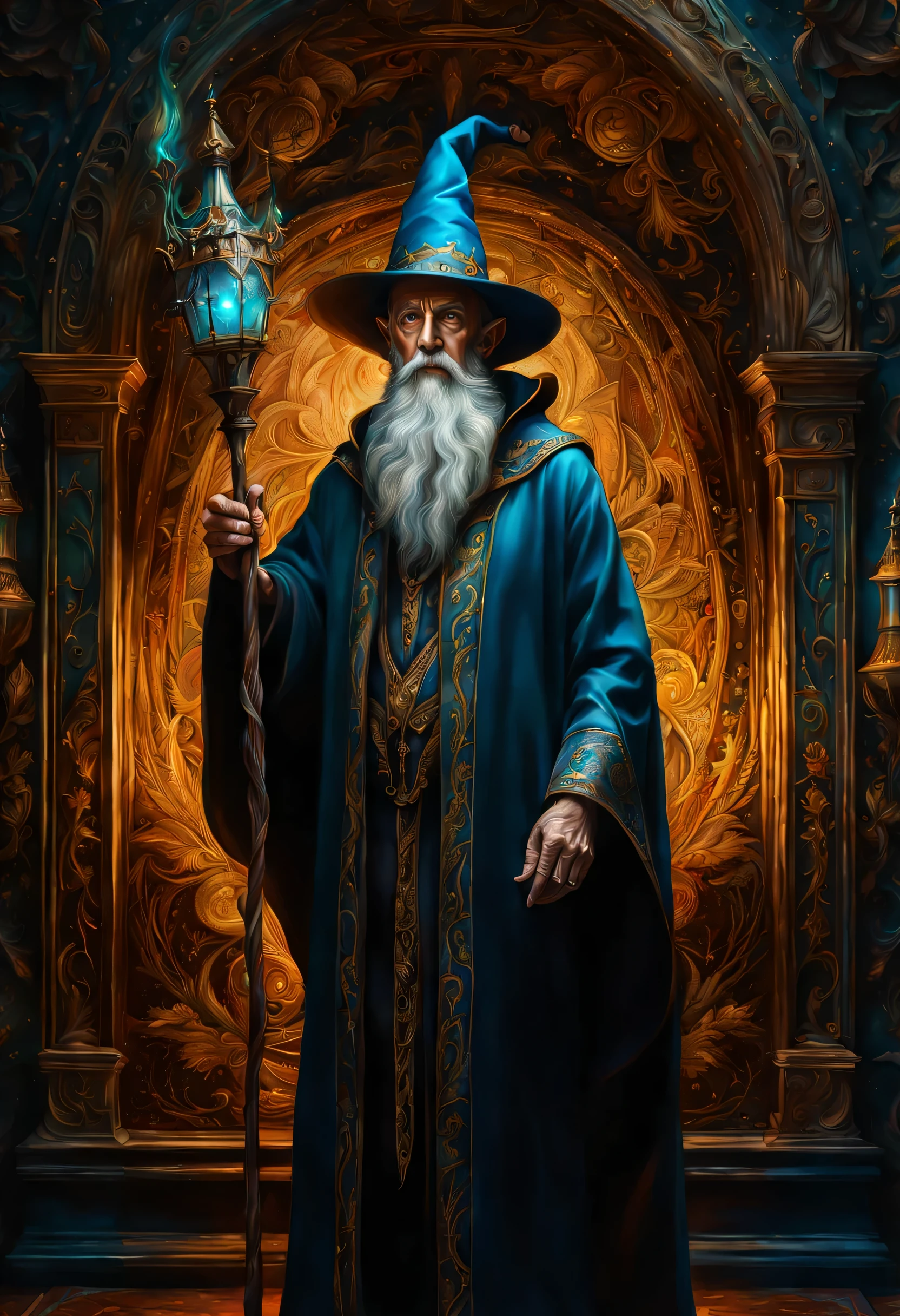 old man elf wizard of portraits, perfect balance of form and function, sharp gaze eyes, hold a wood cane, wizard hat, baroque robe, blessing light gain, stunning elf ears and earrings, fantasy wolf of picture frame, RGB lighting dances across the sleek lines and intricate components, (((intricate detail matte paint of super illustration:1.3))), creating visual masterpiece will take breath away, fine detail brush stroke of pencil, Get ready to be amazed coloring, stunning fine details and delicate mesmerizing renderings, very own custom designed, tonal contrast, natural lighting, occultism cinematic still like, inside the temple of detail dark fantasy, correct and punctuality brush stroke, highly quality, accurate and polite crossover layer, oil paint coloring, gel ink coloring, grunge, gouache coloring,