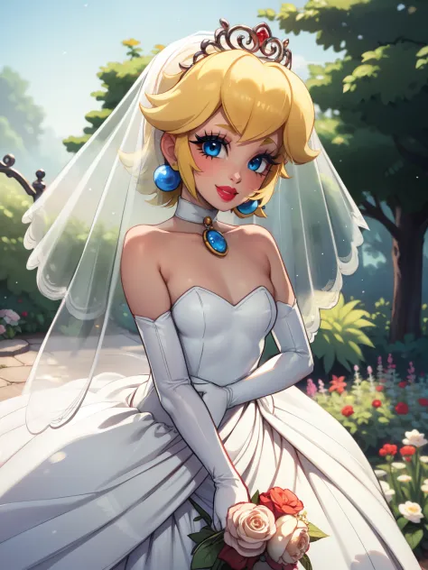 Peach Wedding Dress, red lipstick, blue eye shadow, smiling, long white elbow gloves ,garden background 