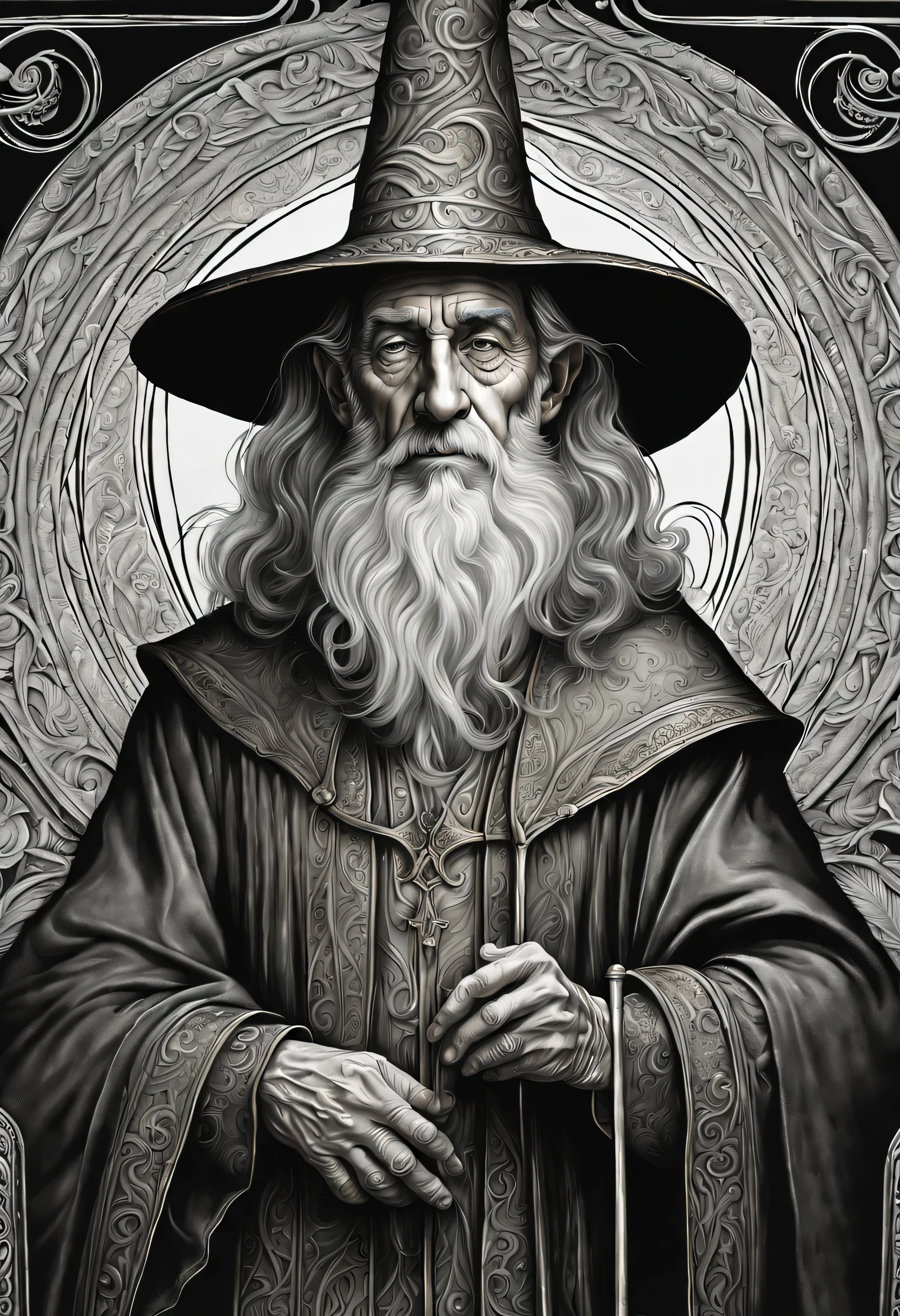 old man elf wizard of portraits, perfect balance of form and function, sharp gaze eyes, hold a wood cane, wizard hat, baroque robe, blessing light gain, stunning elf ears and earrings, fantasy wolf of picture frame, RGB lighting dances across the sleek lines and intricate components, (((intricate detail matte paint of super illustration:1.3))), creating visual masterpiece will take breath away, fine detail brush stroke of pencil, Get ready to be amazed coloring, stunning fine details and delicate mesmerizing renderings, very own custom designed, tonal contrast, natural lighting, occultism cinematic still like, inside the temple of detail dark fantasy, correct and punctuality brush stroke, highly quality, accurate and polite crossover layer, oil paint coloring, gel ink coloring, grunge, gouache coloring,