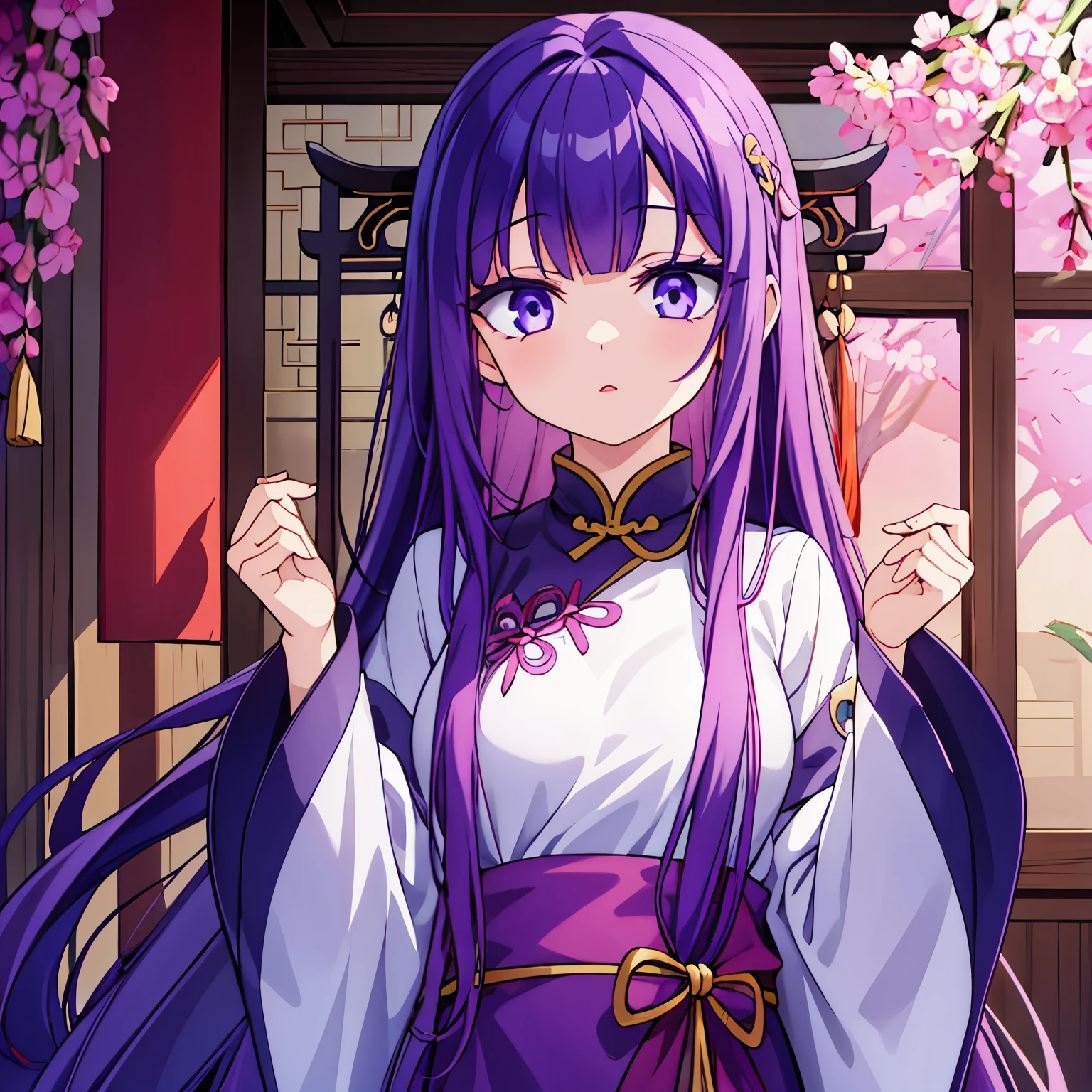 She wears Chinese clothes, has long purple hair and odd eyes, and her right eye is purple.、A girl whose left eye is blue and whose left eye is hidden by her bangs.