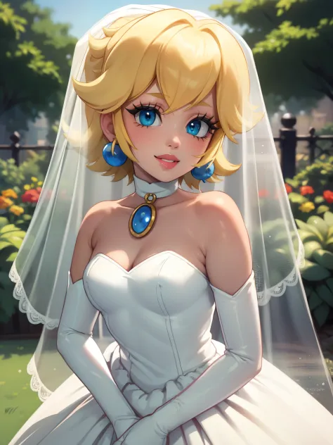 Peach Wedding Dress, blonde hair ,red lipstick, eye shadow, smiling, long white elbow gloves ,garden background 