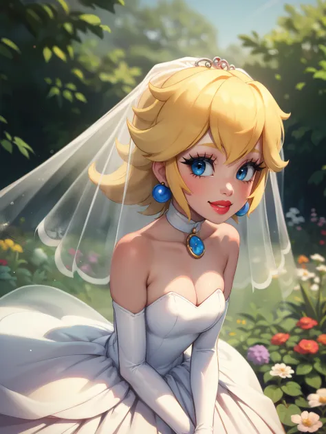 Peach Wedding Dress, blonde hair ,red lipstick, eye shadow, smiling, long white elbow gloves ,garden background 