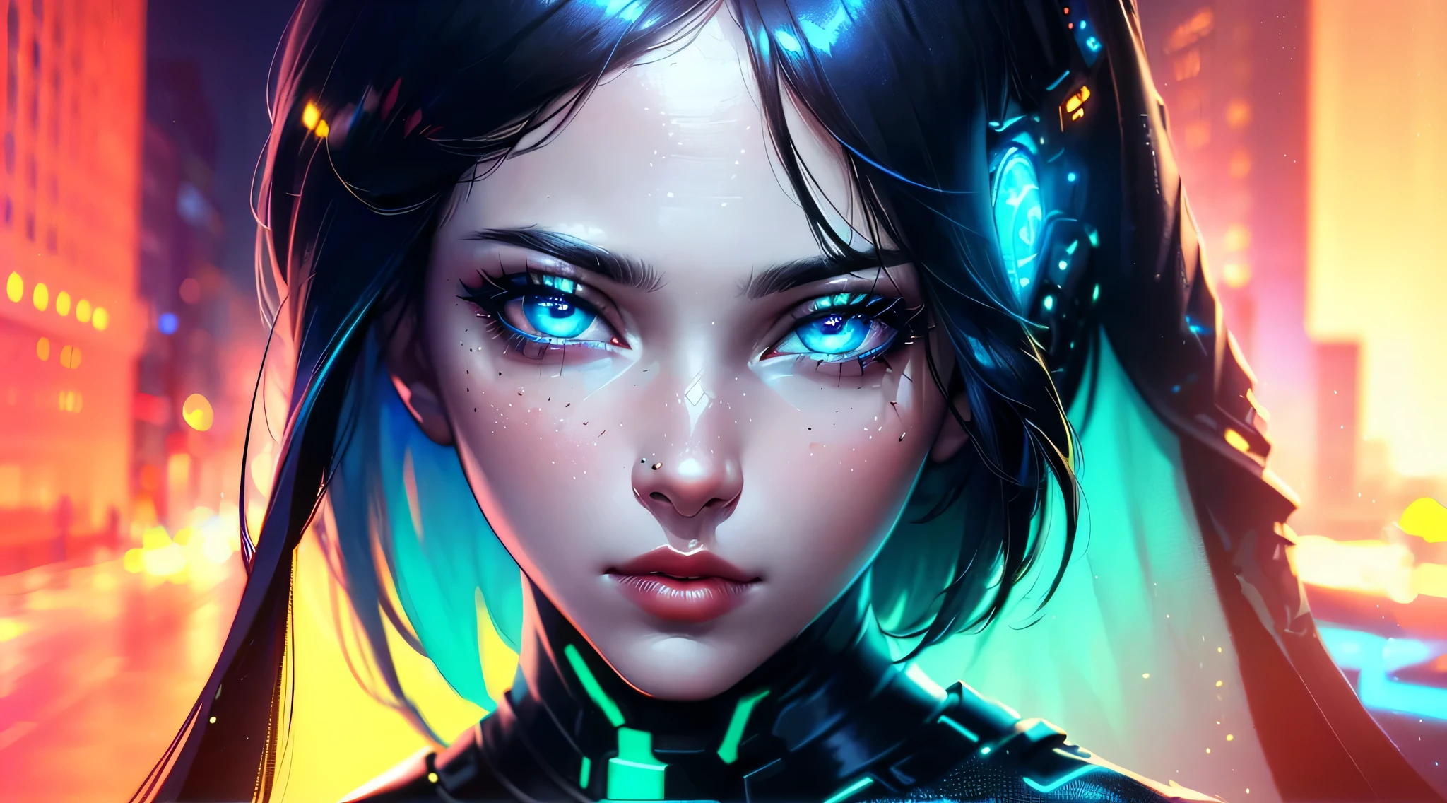 (best quality,4k,8k,highres,masterpiece:1.2),ultra-detailed,(realistic,photorealistic,photo-realistic:1.37),blue tint,neon lighting,detailed eyes,detailed lips,futuristic cityscape background,digital illustration,vibrant colors,sci-fi aesthetics