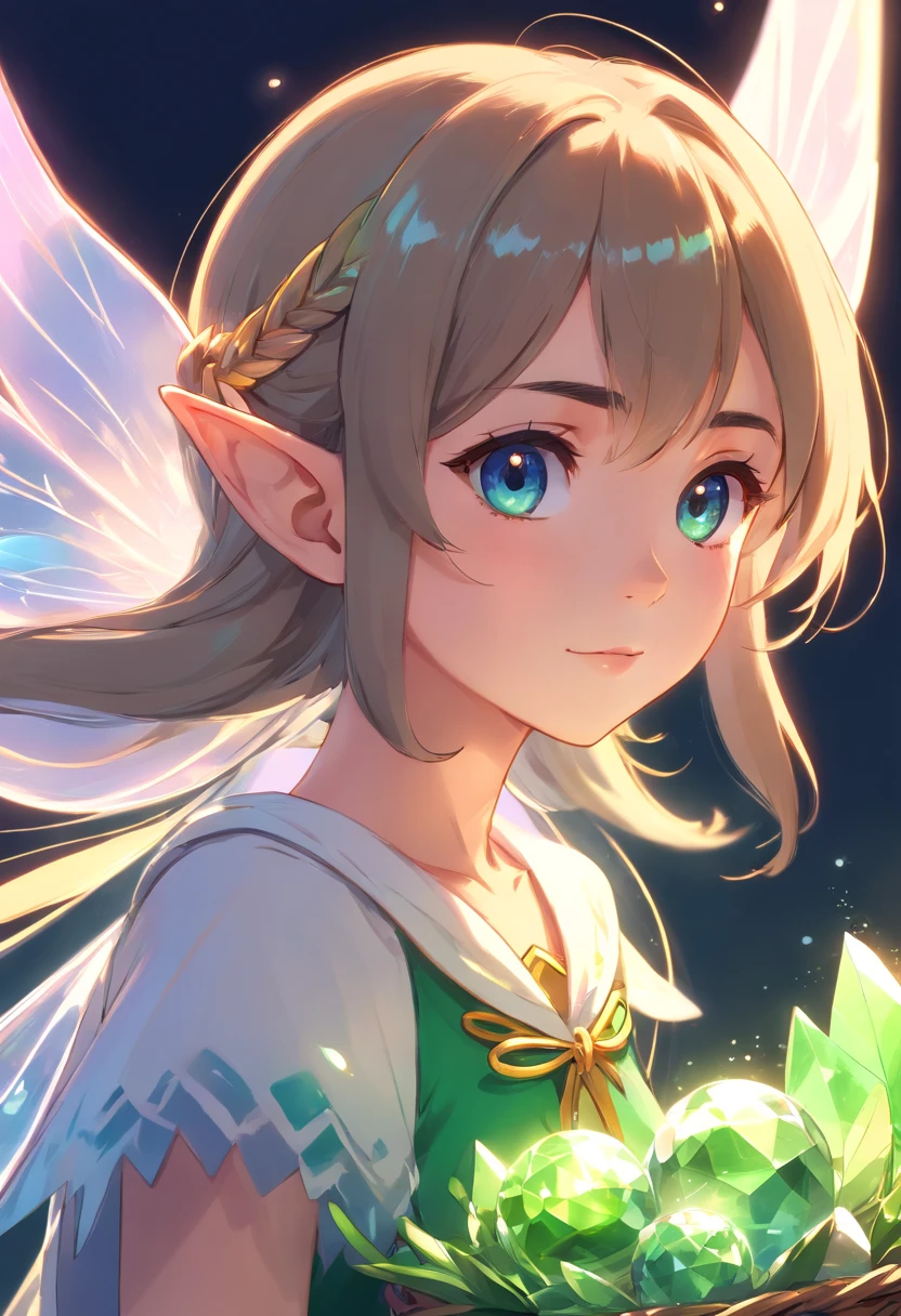 Elf portrait, transparent big wings, pointed ears, more cute. Elf girl, light green crystal costume, crystal theme, ethereal atmosphere, science fiction art, fantasy movie, lighting effect masterpiece、Quality content very detailed beautiful artwork fantasy art behavior，surreal