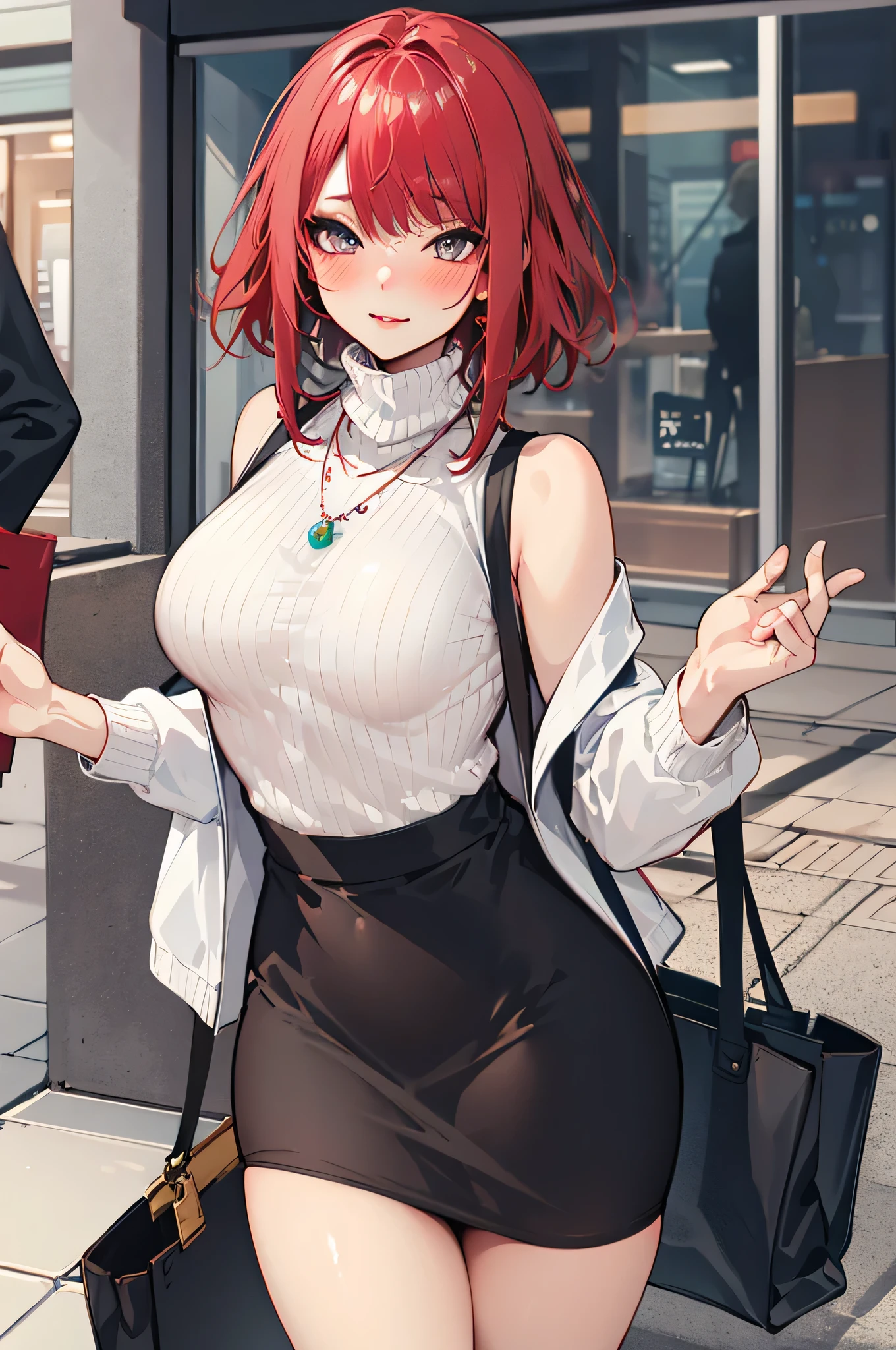 chef-d&#39;œuvre, Meilleure qualité, pixiv, tir de cow-boy, cheveux roux,
1fille, seins, rougir, Sans manches,bijoux, regarder le spectateur, jupe, collier, seulement, sac, Pull-over, col roulé, Sans manches col roulé, veste, Sans manches Pull-over, long jupe, Cheveux moyens, handsac
