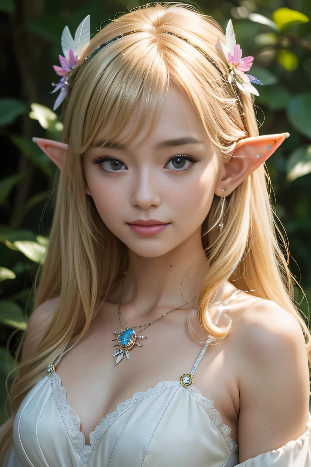 (highest quality:1.4), (8K), 32K, (UHD), (masterpiece:1.3), Photos of beautiful Japanese women, (realistic), (Raw photo), (1 girl), (Ultra high definition), (detailed face), perfect face, (fine hair), beautiful hair, bangs, layer cut, (symmetrical eyes:1.3), (fine eyes), (fine skin), realistic skin, ultra high resolution, (medium breasts), (slim body shape), (super model figures), gentle smile, gentle smile, blonde, Elven Fairy, fantasy theme, 

( wearing an elf costume:1.5, elf ears, corolla:1.3, Flower earrings, Flower necklace, rainbow-colored transparent feathers:1.3 ), in the forest, butterfly, flowers, log house portrait, close your face:1.3, cinematic lighting, soft lighting