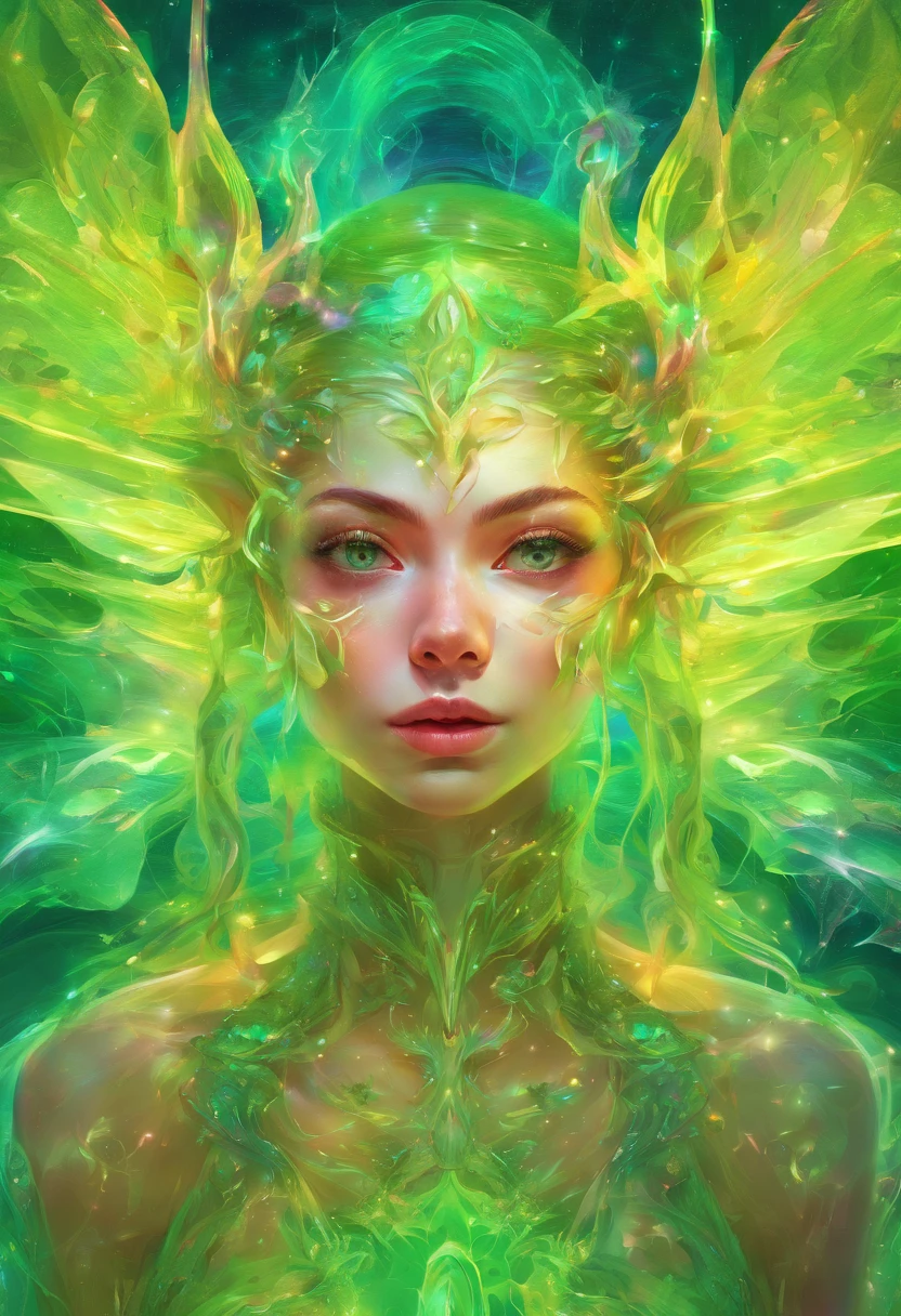 Elf portrait, transparent big wings, pointed ears, more cute. Elf girl, light green crystal costume, crystal theme, ethereal atmosphere, science fiction art, fantasy movie, lighting effect masterpiece、Quality content very detailed beautiful artwork fantasy art behavior，surreal