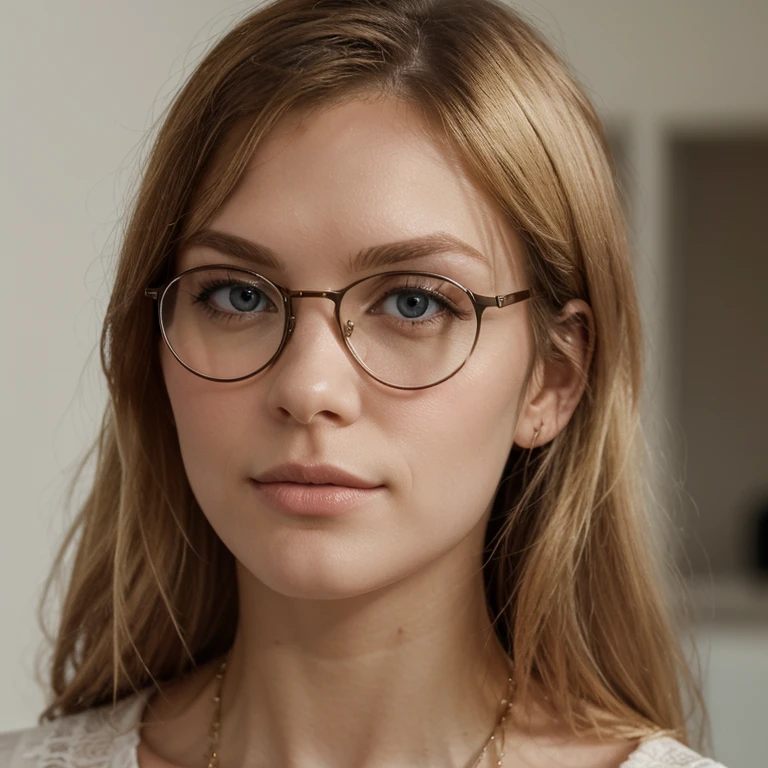 Skandinavische Frau , blond, dominant, selbstsicher, 25, Wears glasses, schaut streng, beautiful fresh color theme, closeup