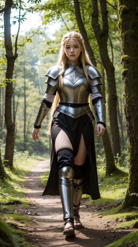 A woman wearing viking armor, walking in the forest, best quality, long hair blonde