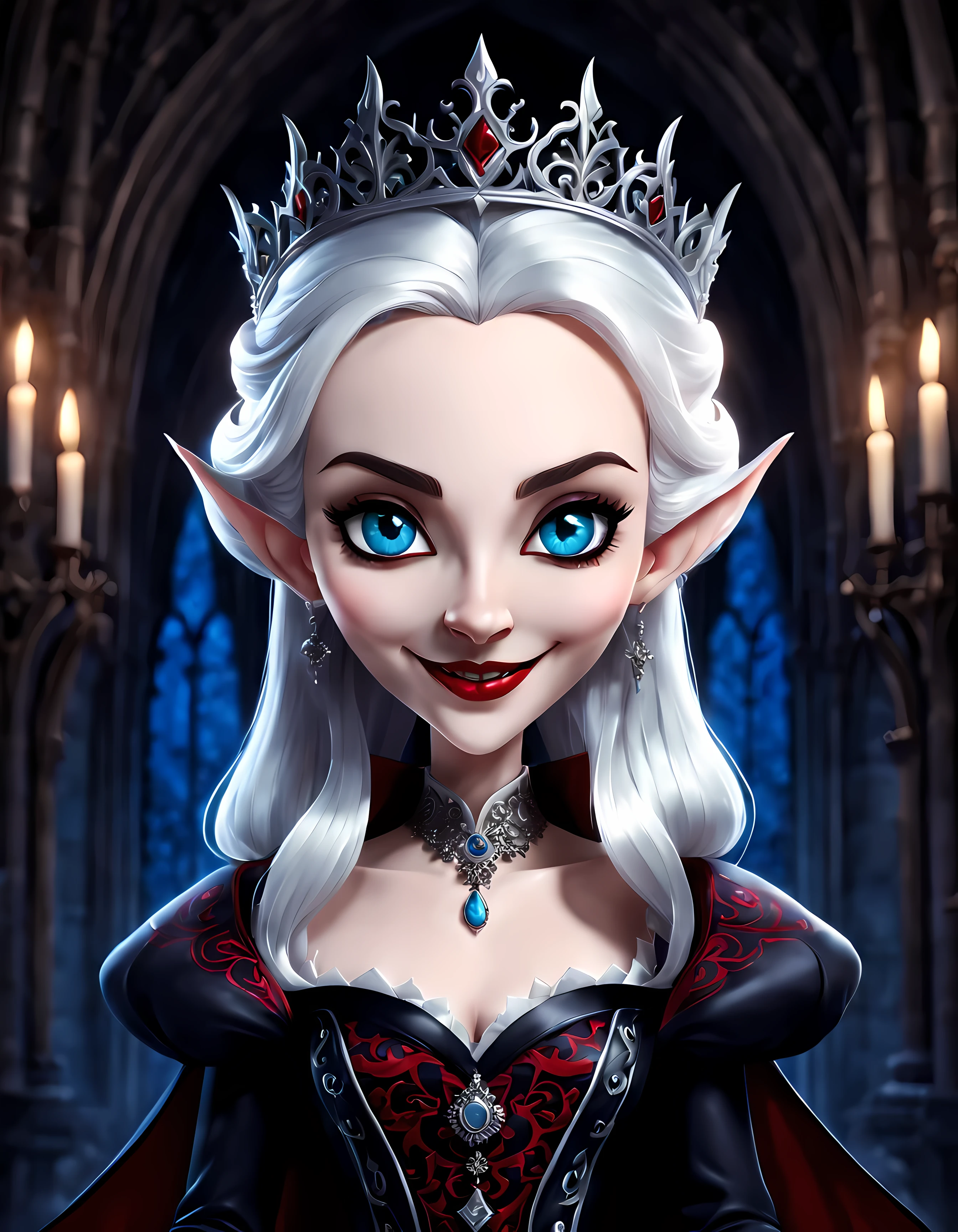 Cute Cartoon, CuteCartoonAF. | Masterpiece in maximum 16K resolution. | (Cute cartoon style). | Symmetrical front view of an adorable vampire queen in a long noble gown with rich complex gothic patterns on it. | (((Soft smile, looking at the viewer))), vivid blue eyes. | Flowing white hair, pointy ears. | Simple dark background. | More_Detail