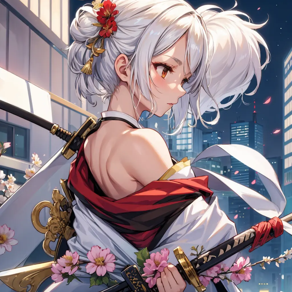 One girl, solo, bust, looking away, white hair, hair ornament, kimono, future city background, holding, short hair, brown eyes, ...