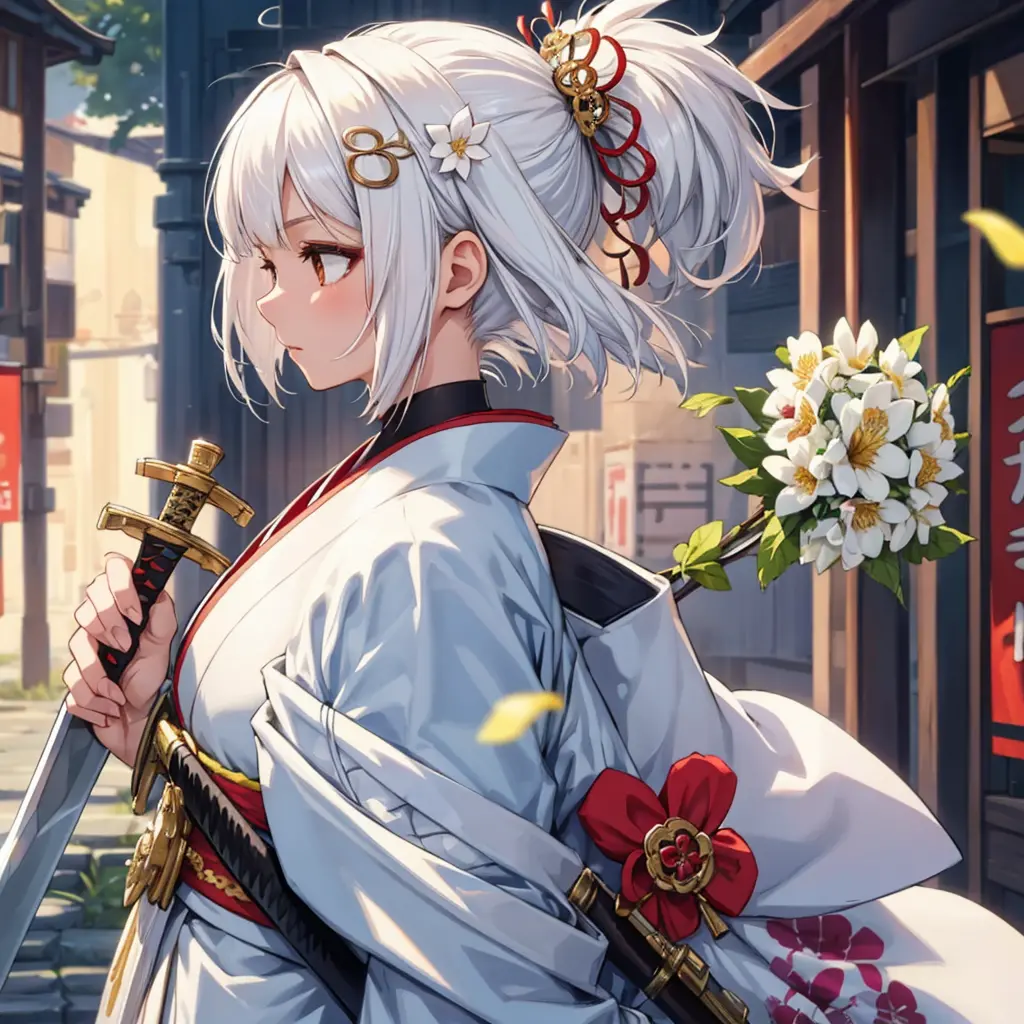 One girl, solo, bust, looking away, white hair, hair ornament, kimono, future city background, holding, short hair, brown eyes, ...