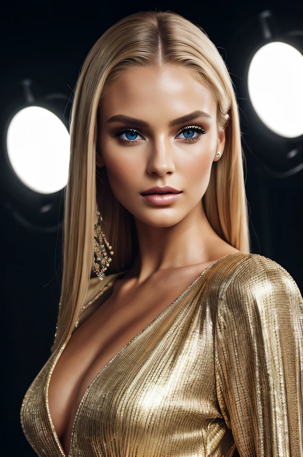 super model, woman, late twenties, blonde hair, (best quality,8k,highres,masterpiece:1.2),ultra-detailed,professional,portrait,studio lighting,vivid colors,sharp focus,beautiful detailed eyes,beautiful detailed lips,long hair,stylish clothes,fierce expression,confident pose,graceful posture,impeccable makeup,glamorous setting,striking angles,creative composition,high-fashion vibe,glamour and elegance,shabby sheek outfits,flawless skin,perfect lighting,celebrity vibes,sophisticated beauty,high-end fashion,editorial style,runway-ready, catwalk glamour,ethereal feel,mesmerizing look,line of sight,haute couture,glamorous atmosphere