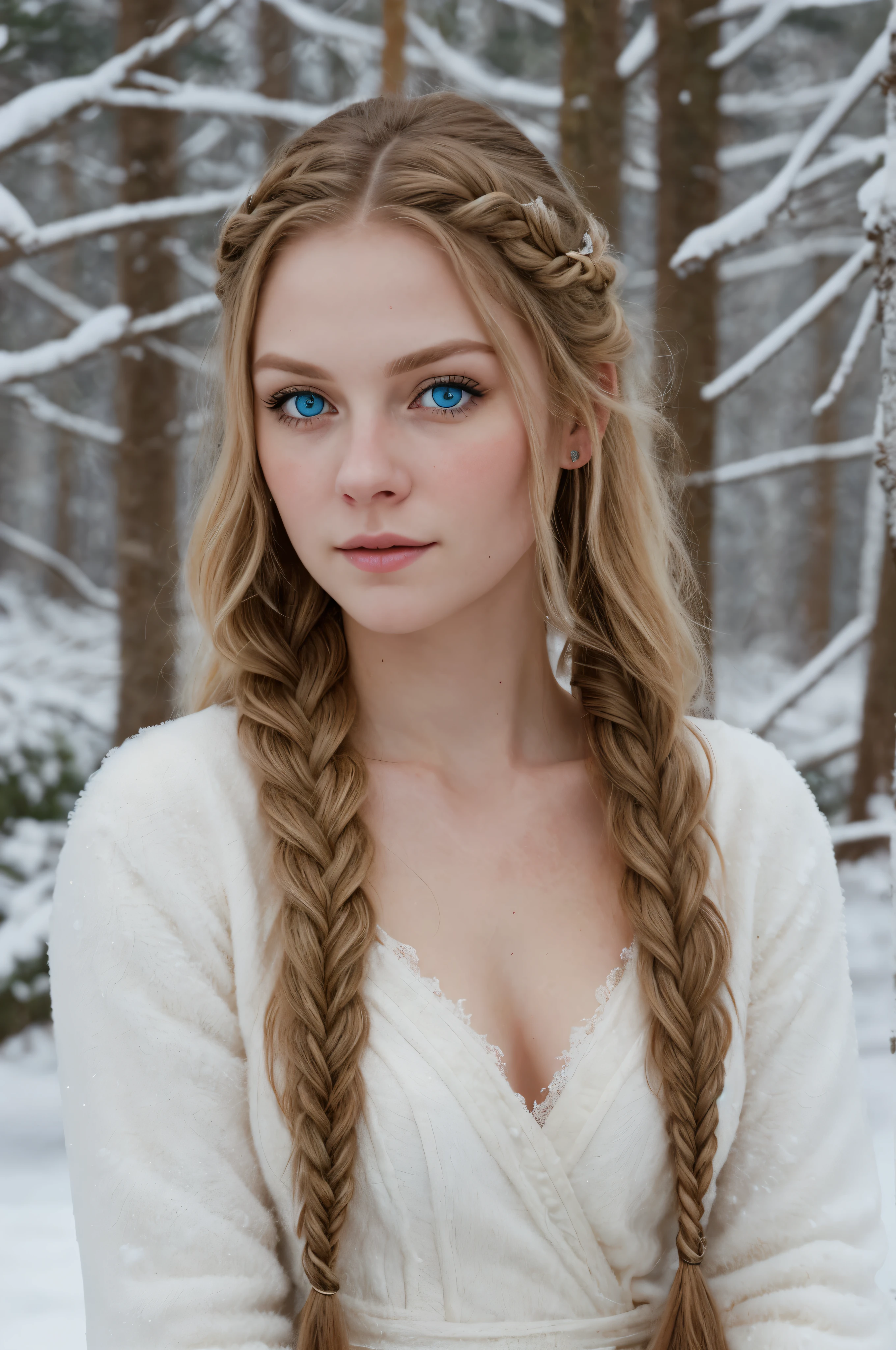 (Realistic:1.2), Analog Photography Style, Scandinavian warrior woman, fantastic snowy setting, braided blonde hair, whole body, Soft natural light, Cute and sexy, Pleasure, detailed face and blue eyes, Great quality, masterpiece, detailed northern background, Quality: 16K, raw photo