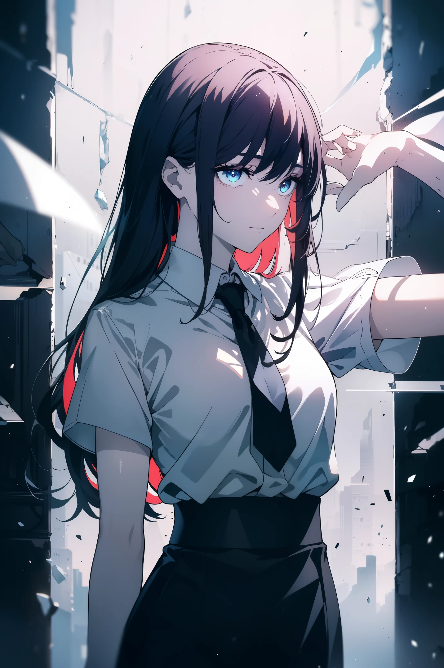 (masterpiece, best quality, ultra high resolution), 1 girl, permanent, Uniforms, white office shirt, black pleated skirt, ((light brown, light brown hair:0.7), cut long hair, pale skin, ((blue Eye)), luminescent_Eye, neon Eye, (ultra detailed Eye, Beautiful and detailed face, detailed Eye), ((center)), Smile, ((广角镜head)), for the audience, eye level, (blurry background, bright snowy background, winter), flat chest, looking at the audience, ((half closed Eye)), ((perfect hands)), (((head, arms, buttocks, Elbow, in sight))), ((Put your hands behind your back)), empty Eye, beautiful lights, external, outdoor, background, clear topic, 25 years old,