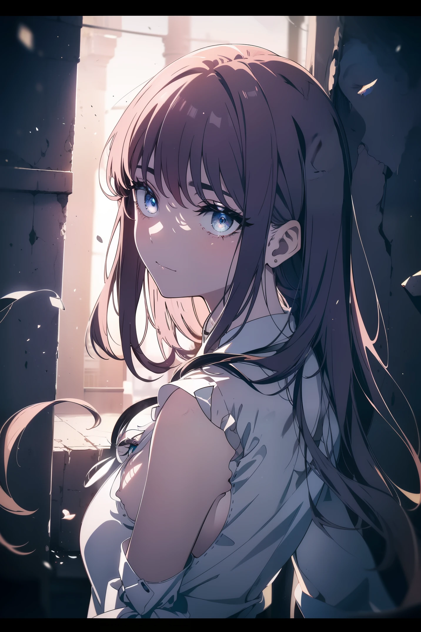(masterpiece, best quality, ultra high resolution), 1 girl, permanent, Uniforms, white office shirt, black pleated skirt, ((light brown, light brown hair:0.7), cut long hair, pale skin, ((blue Eye)), luminescent_Eye, neon Eye, (ultra detailed Eye, Beautiful and detailed face, detailed Eye), ((center)), Smile, ((Wide-angle lens head)), for the audience, eye level, (blurry background, bright snowy background, winter), flat chest, looking at the audience, ((half closed Eye)), ((perfect hands)), (((head, arms, buttocks, Elbow, in sight))), ((Put your hands behind your back)), empty Eye, beautiful lights, external, outdoor, background, clear topic, 25 years old,