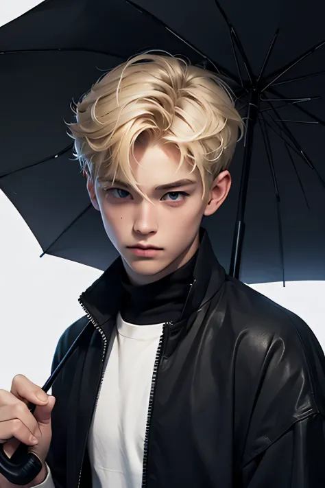 boy, blonde hair, black eyes, holding umbrella, rainy day