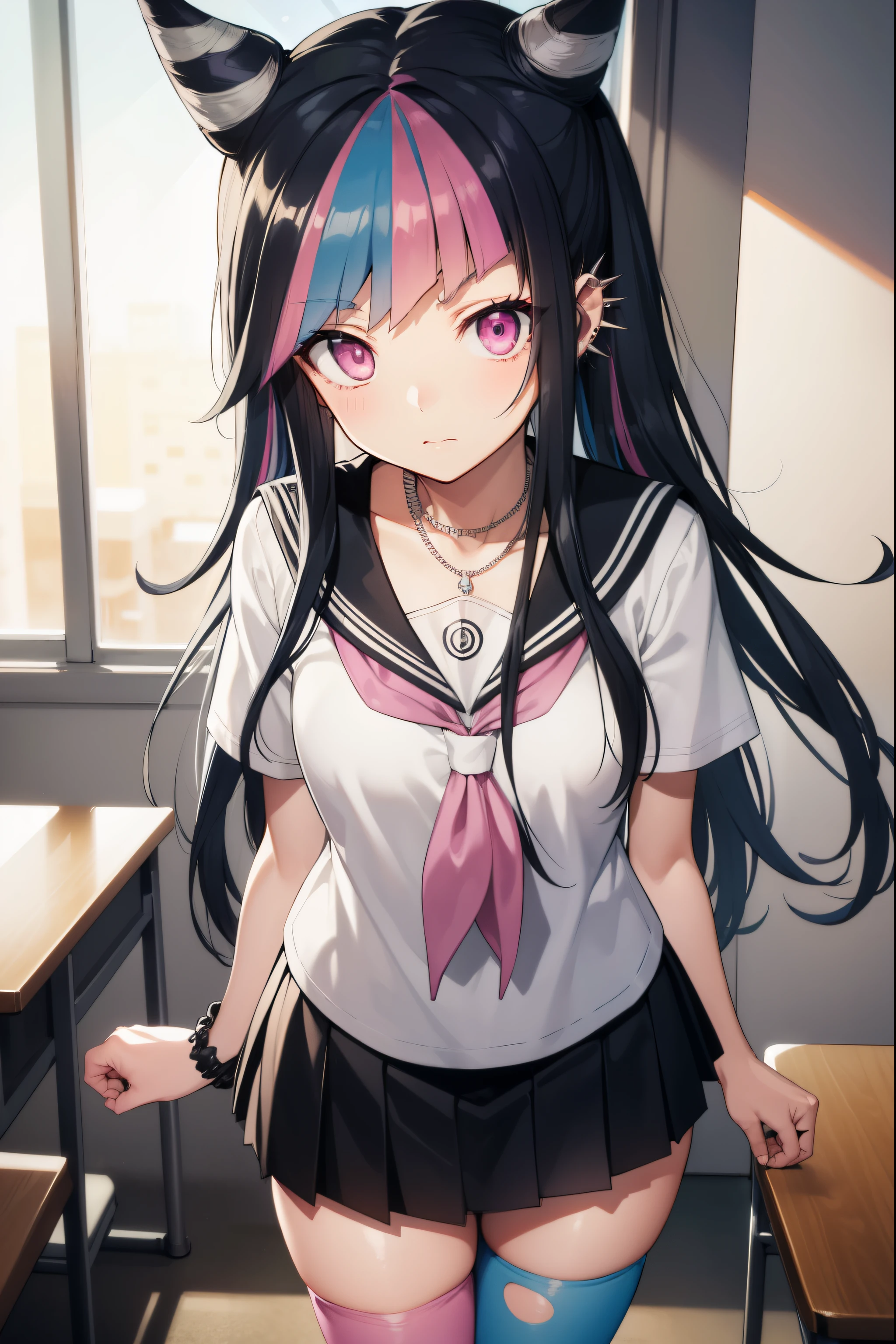 ibukimioda, ibuki mioda, black hair, blue hair, hair horns, ear piercing, lip piercing, long hair, multicolored hair, (pink eyes:1.5), pink hair, white hair,
BREAK asymmetrical legwear, black skirt, blue thighhighs, jewelry, mismatched legwear, neckerchief, necklace, piercing, pleated skirt, ring, school uniform, serafuku, shirt, skirt, thighhighs, torn clothes, torn thighhighs, zettai ryouiki,
BREAK looking at viewer,
BREAK indoors, classroom,
BREAK (masterpiece:1.2), best quality, high resolution, unity 8k wallpaper, (illustration:0.8), (beautiful detailed eyes:1.6), extremely detailed face, perfect lighting, extremely detailed CG, (perfect hands, perfect anatomy),