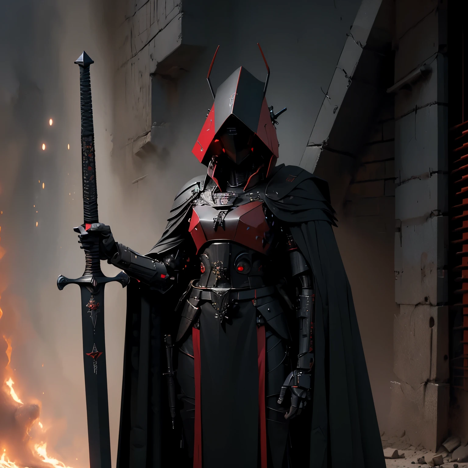 (holding a really long sword), long pointy head, red and black color scheme, military design, mil-spec, angular frame, five eyes, long head, standing confidently, menacing, big body, strong, ROBOT, Melania from Elden Ring, very mechanical,