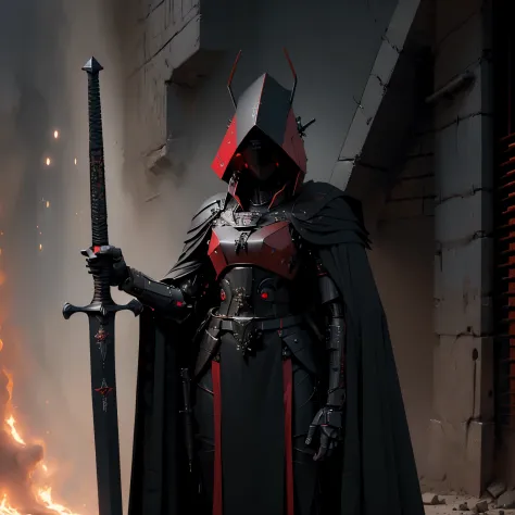 (holding a really long sword), long pointy head, red and black color scheme, military design, mil-spec, angular frame, five eyes...