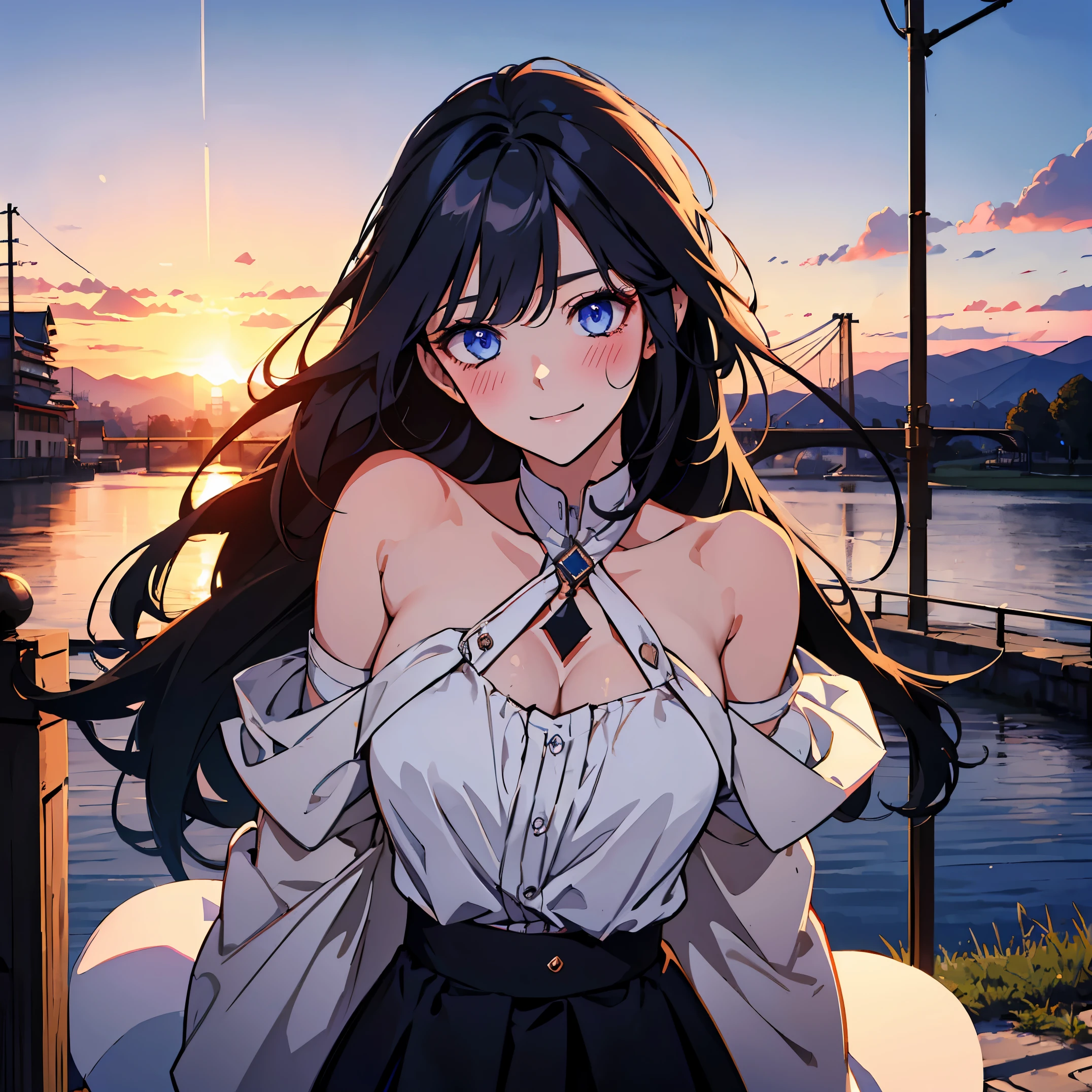 ((one girl)), dark blue eyes, (((Same eyes, Same eyesのスタイル))), long hair, beautiful girl on the road, 25 years old, masterpiece, 最high quality, blue shirt, cleavage, exposed shoulders, white mini skirt, big breasts, portrait, (high quality :1.5), black hair, (((Happy)), blush, tall body, outdoor medieval, village))), smile, ((High resolution)), ((sunset in the back)), ((bridge)), adult-like face