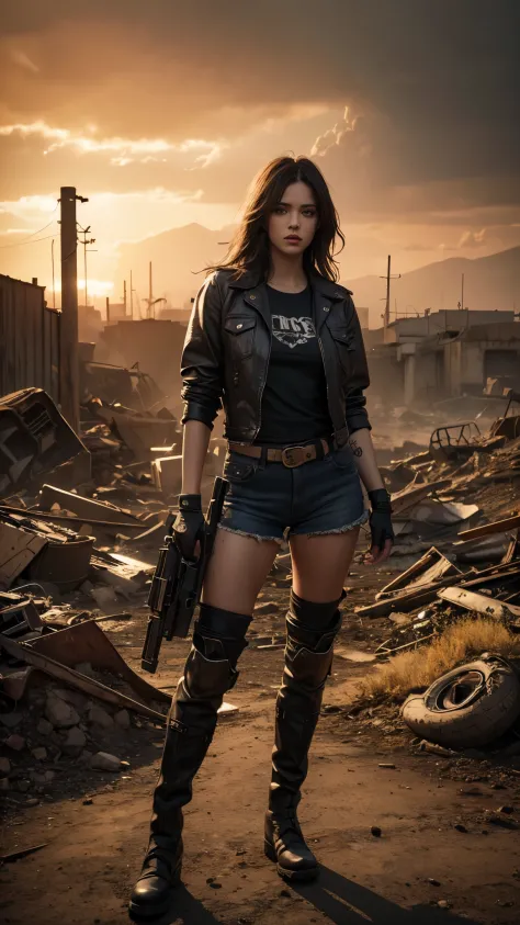 a woman wearing apocalypse shirt, and hot pants, boots, the background apocalyptic scene, detailed face, ultra detailed visual i...