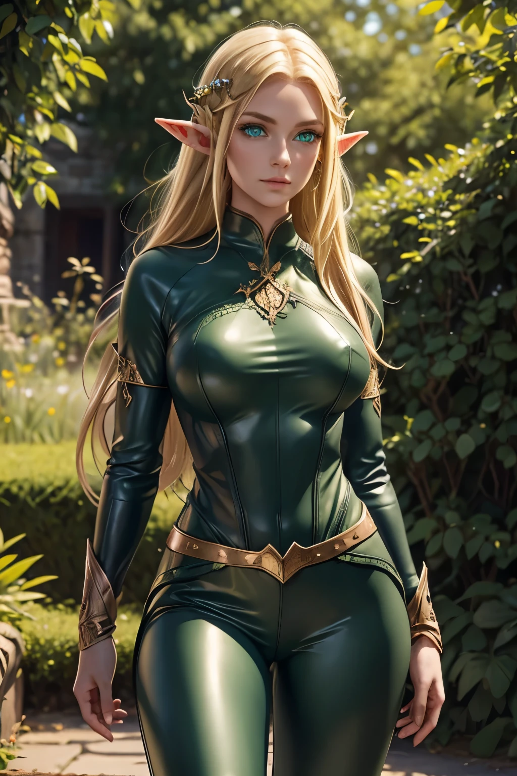 medieval setting, full view of body, (detailed elf ear, 1 woman, elven featured face, beautiful green eyes, blonde hair), leather armor, black leather pants, 