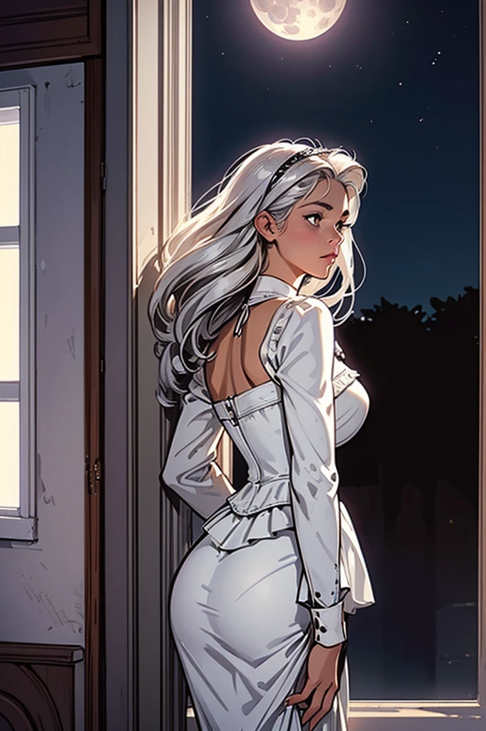 a 19 year old girl, realistic, brown skin, silvery white hair, silvery white eyes, full silvery white skirt, silvery white bandeau, looking out through open window, night, purplish moon light, face in amazement, German, leaning outside, side view, photorealistic, very beautiful, goddess like figure, dress showing curves