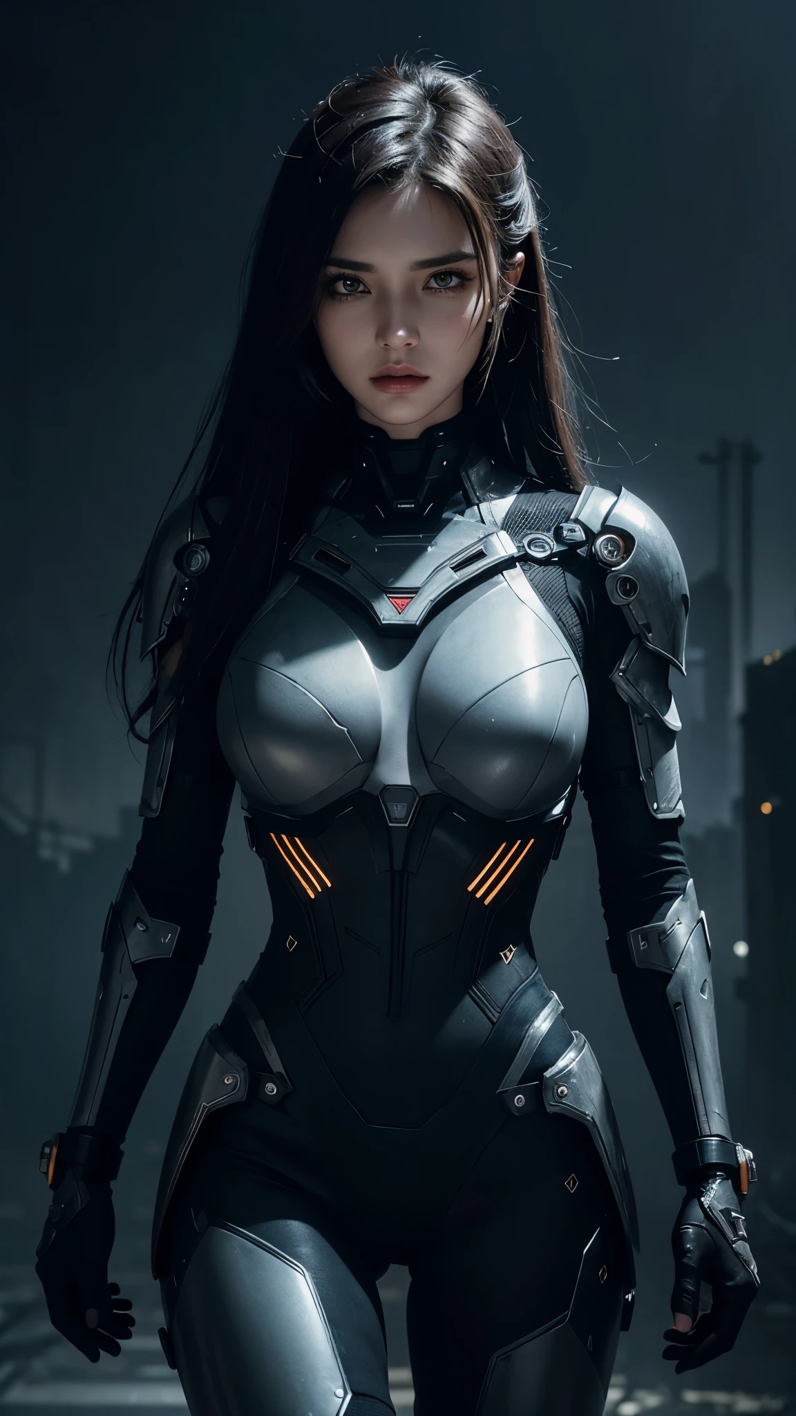 a beautiful woman cyborg warrior in the Style-RustMagic, cyberpunk augmentation, cyberware, Cyborg, carbon fibers, Chrome, Implants, metal skull, Cyber plate armor, (Dark atmosphere:1.2), (Heavy fog & Smoke), (Dark night:1.3), the scars, (dark medium length disheveled hair:1.1), (eye shadows:1.1), (beautifully detailed glow:1.2), (Cinematic lighting), intricately details, A high resolution, Rounded eyes, Detailed facial features, Sharp focus, smooth, Aesthetic, detailed dark industrial factory background, Stylish pose, Dynamic pose, (dramapaint), (OPT-6000:0.9)