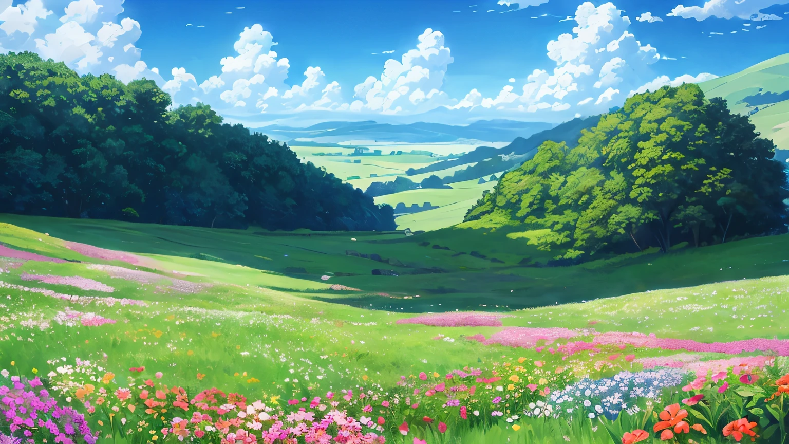 anime scenery of a green meadow with rocks and flowers, anime countryside landscape, detailed scenery, anime background art, beautiful anime scenery, anime scenery, anime landscape, anime scenery concept art, anime landscape wallpaper, distant village background, anime movie background, anime background, gigantic landscape!, studio glibly makoto shinkai, anime beautiful peace scene