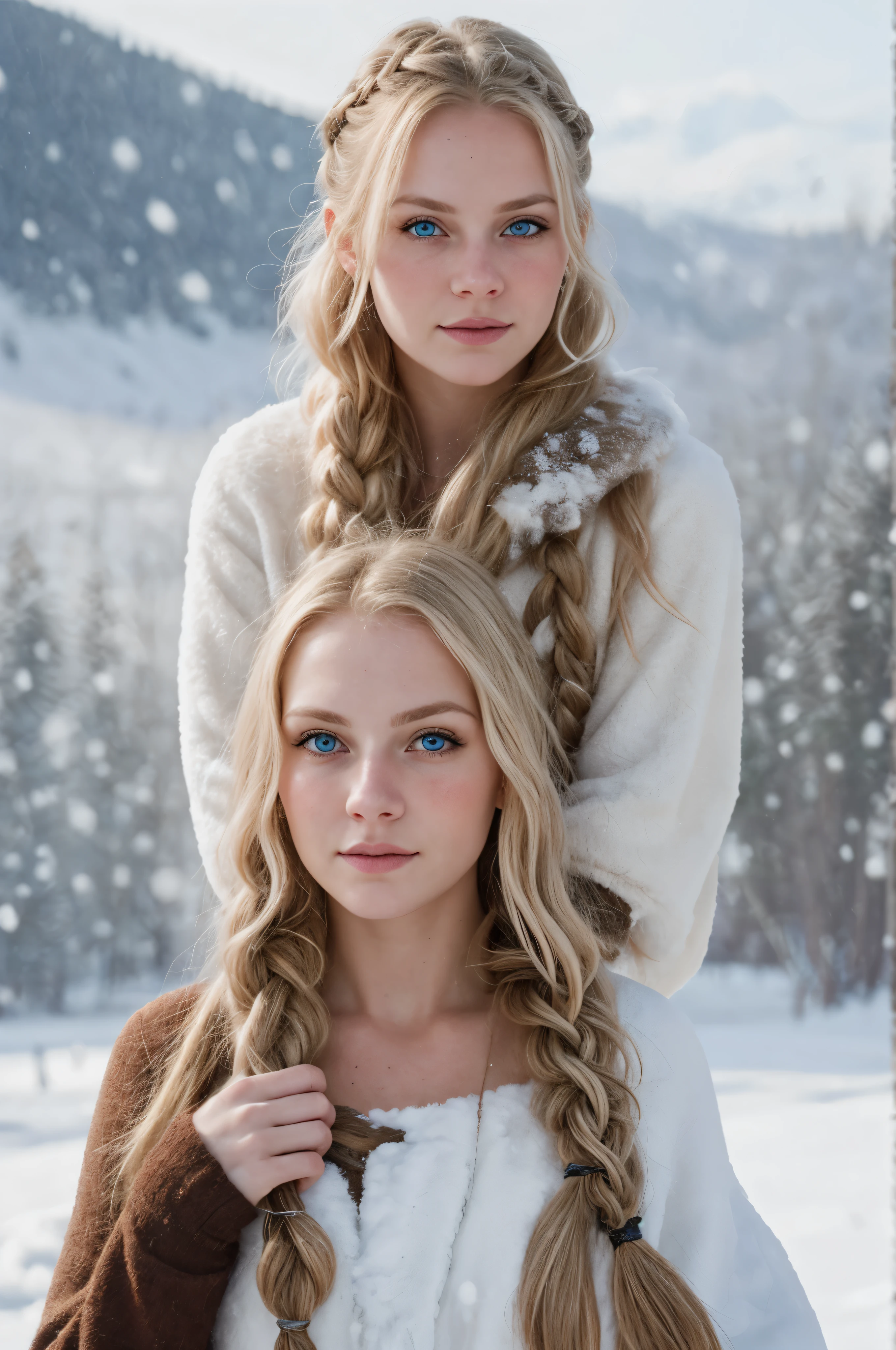 (Realistic:1.2), Analog Photography Style, Scandinavian warrior woman, fantastic snowy setting, braided blonde hair, whole body, Soft natural light, Cute and sexy, Pleasure, detailed face and blue eyes, Great quality, masterpiece, detailed northern background, Quality: 16K, raw photo
