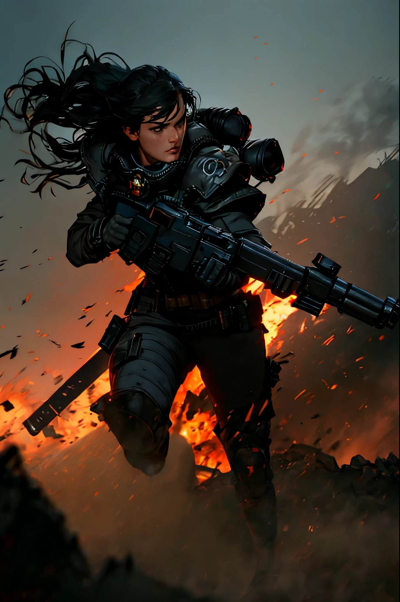 (8k uhd,dslr,soft lighting,high quality,film grain), 1girl,(adepta sororitas), realistic, detailed facial features, detailed skin, dynamic pose, carrying weapons. Full body angle. war, battlefield background, city in ruins, armies, explosions, volumetric smoke.