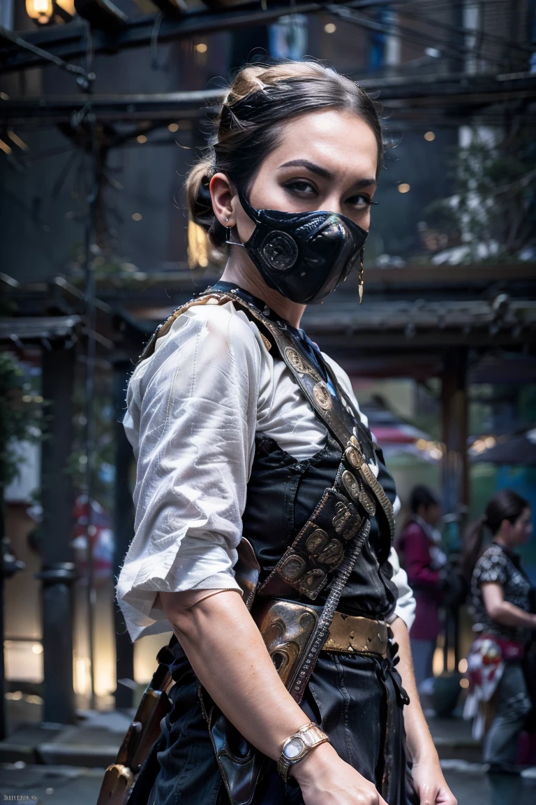 BEAUTIFUL 武士 LADY WITH A BREATHING MASK, 银白色的长发, 发髻, 露肩上衣, 看着观众, 武士 WARRIORS EQUIPPED, 裝備, 已加载, 带武器, 武士, (宇宙), (持剑), (与其他角色战斗), 发光, 盔甲, 发光 BLUE EYES, 麦加, 复杂的设计和细节, 黑暗的东京旧城详细背景, 戏剧灯光, 超现实主义, PHOTO实际的, 電影, 8千, 虚幻引擎, 最好的品质, 杰作, 实际的, PHOTO-实际的, 极其详细, 完美细节, 数字艺术, 胶片颗粒.
