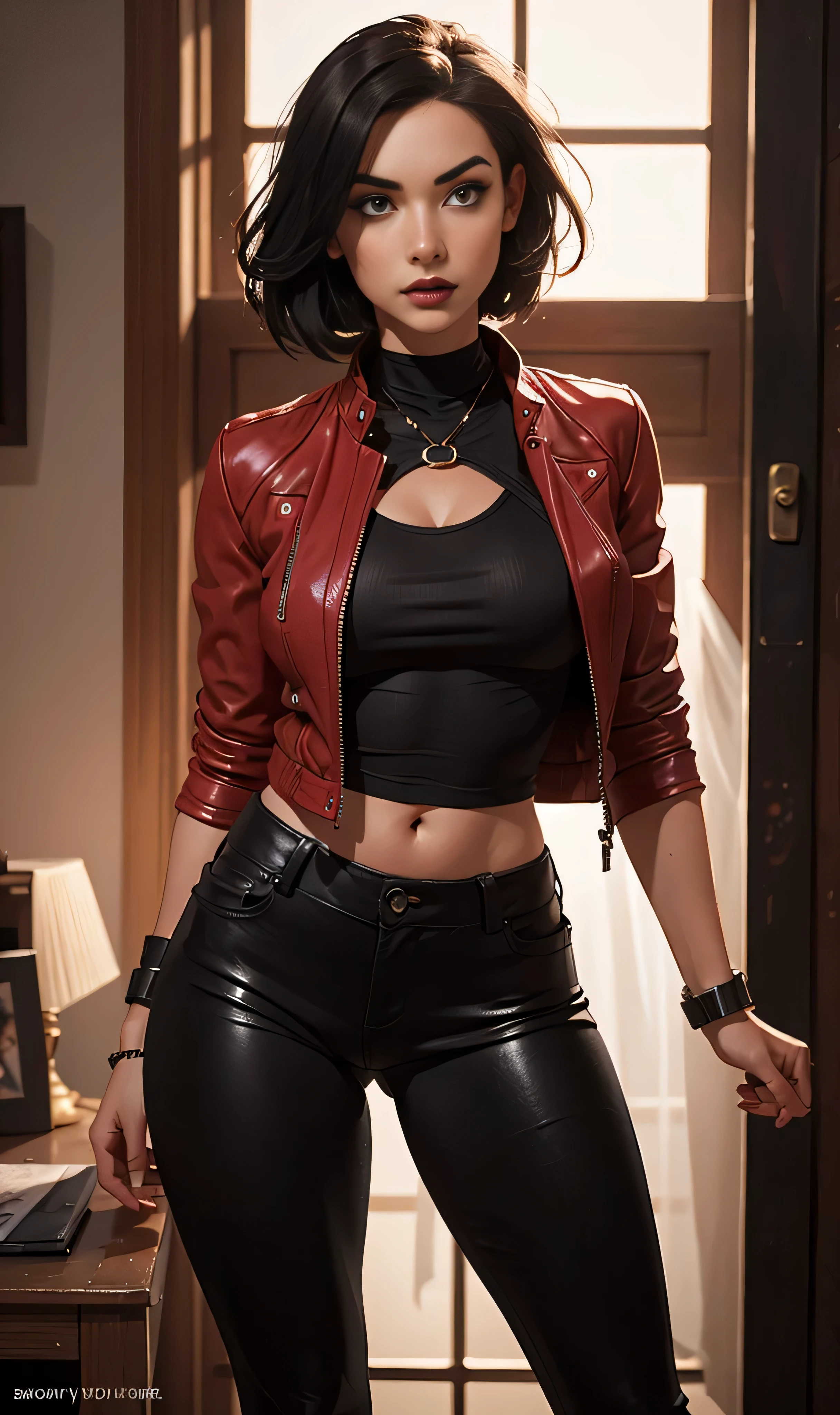 beautiful 25-year-old British vampire mercenary woman with short black hair, pale skin, wearing a red leather jacket and black tight leather pants, front view, dynamic pose, ambient lighting, realistic photo, intricate facial detail, intricate hand details, highly detailed, vivid colors, cinematic, high resolution, trendy Artstation -- style raw