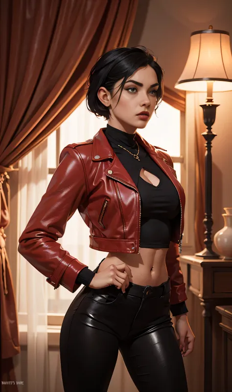 beautiful 25-year-old British vampire mercenary woman with short black hair, pale skin, wearing a red leather jacket and black t...