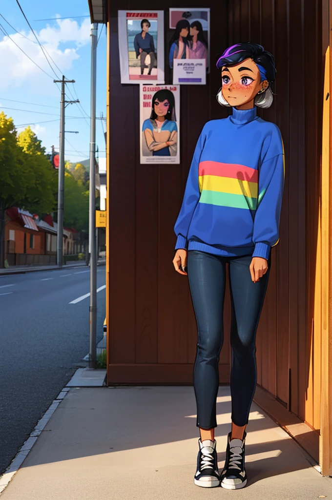 masterpiece, best quality, freckles, solo, dark skin, piercing, 1girl, wind blowing hair, multicolored hair, shoes, black sneakers, purple eyes, blue sweater, undercut, blush, long sleeves, full body, pants, indian style, looking away, looking to the side, outdoors, poster art 1970's, tritone