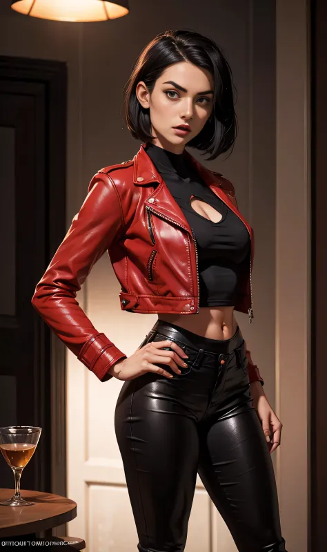 beautiful 25-year-old british vampire mercenary woman with short black hair, pale skin, wearing a red leather jacket and black t...