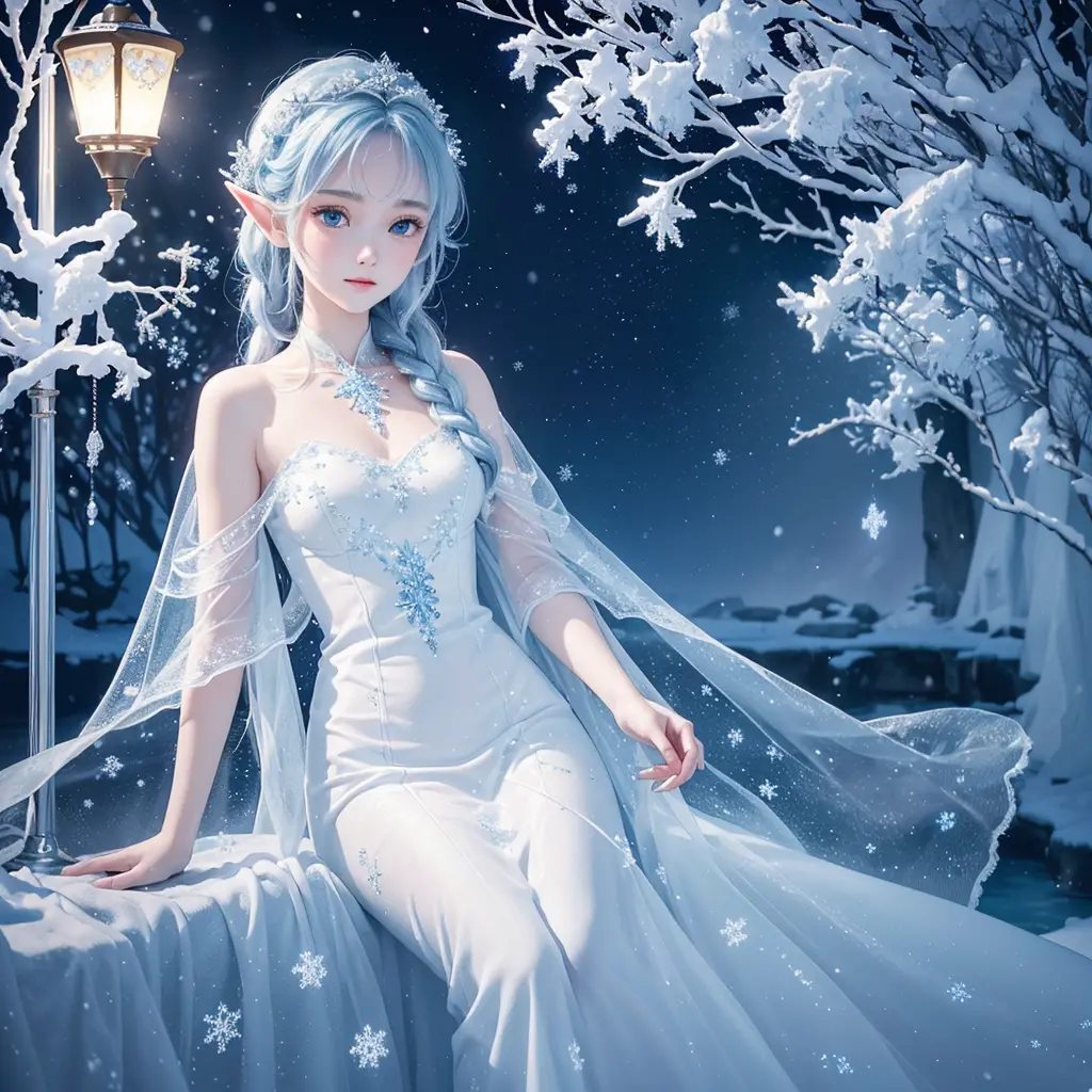 (best picture quality，4k，8k，hd，masterpiece：1.2），super delicate，portrait，blue and white，water sprites，snow elf，dreamy atmosphere，...