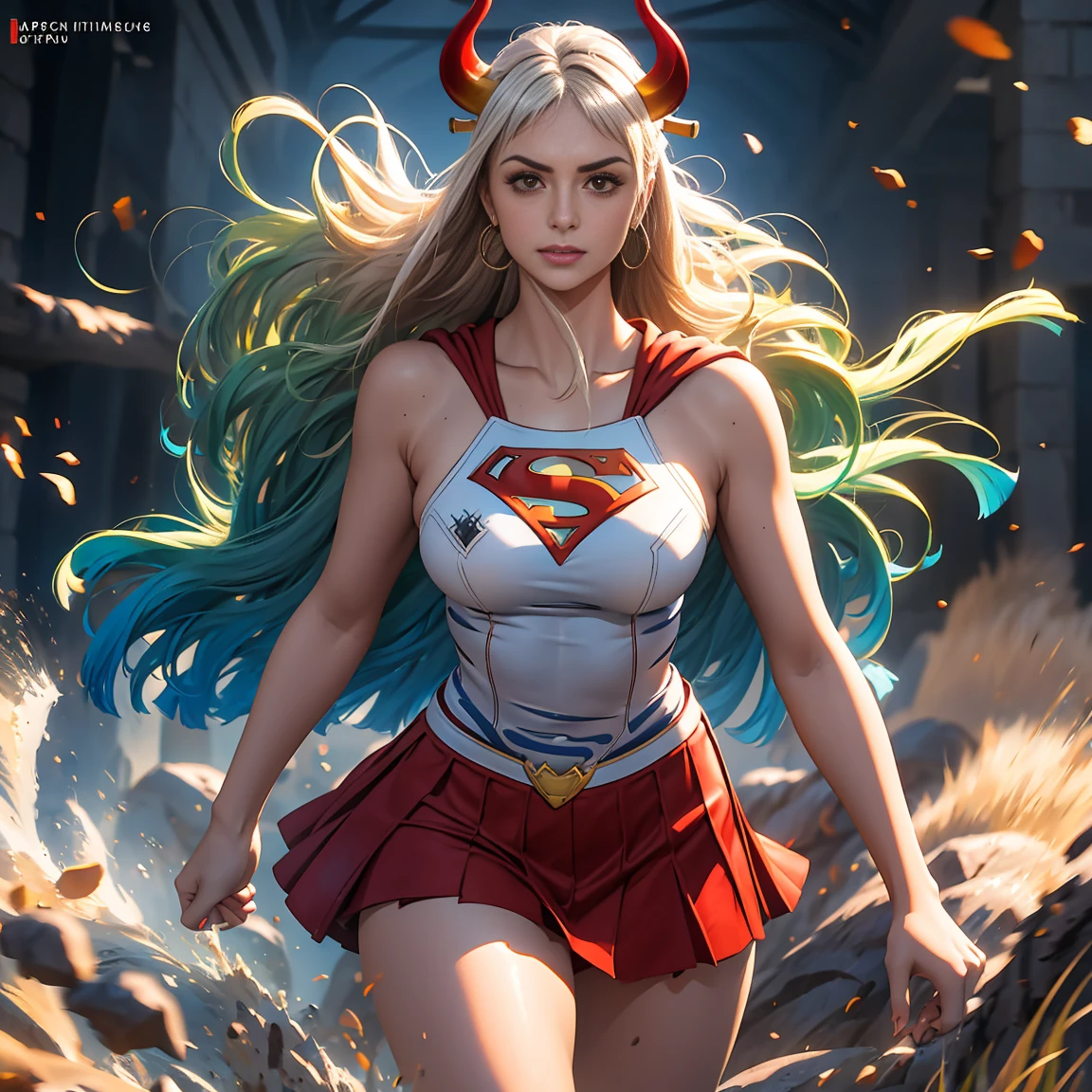 Detalhado cabelo branco longo,  tamanho de arquivo enorme, 1girl, demon girl, Superhero Supergirl, terno Supergirl, capa vermelha, S do super-homem no peito, blue swimsuit, Red skirt, botas vermelhas, ultra sexy hiper sedutora, (Desert Oasis:1.1), Rosto extremamente detalhado, Foto RAW, filmic grain, master part, UHD, HDR, skin pores, maquiagem sedutora escura requintada, delineador escuro, buffalo horn with red tips ((longos cabelos brancos)), ((seios muito firmes)), (((tonificado, Impeccable, encaixe, corpo perfeito e anatomia;))), ((Olhando para o Viewer)), ((hiper sedutor)), profundidade de campo, alto, sexy , realismo, VFX, Volumetric lighting, volumetric light, volumetric, natural lighting, Detalhado e intrincado,  Detalhes intrincados, quantidade absurda de detalhes, absurdos, high resolution, na cidade