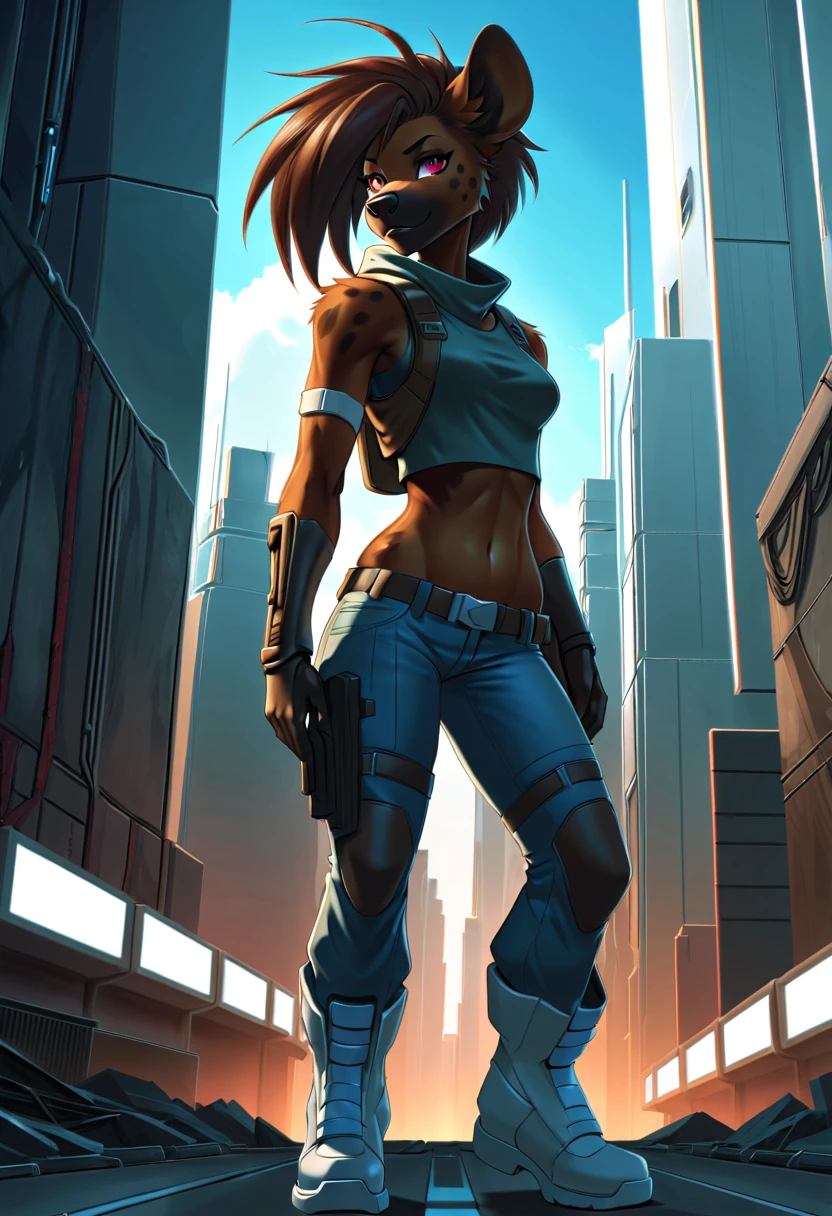 (best quality,highres:1.2,ultra-detailed),female anthropomorphic hyena,She has a Rachel hair style and red color,His eyes are well detailed brown,She has a very defined and well-detailed body,vivid colors,well detailed,2d art style, She is wearing a post apocalyptic outfit, She is wearing short blue jeans, she is inside a futuristic building ,She is wearing white cybernetic boots,cybernetic left arm,she is looking straight ahead, full body front view.
