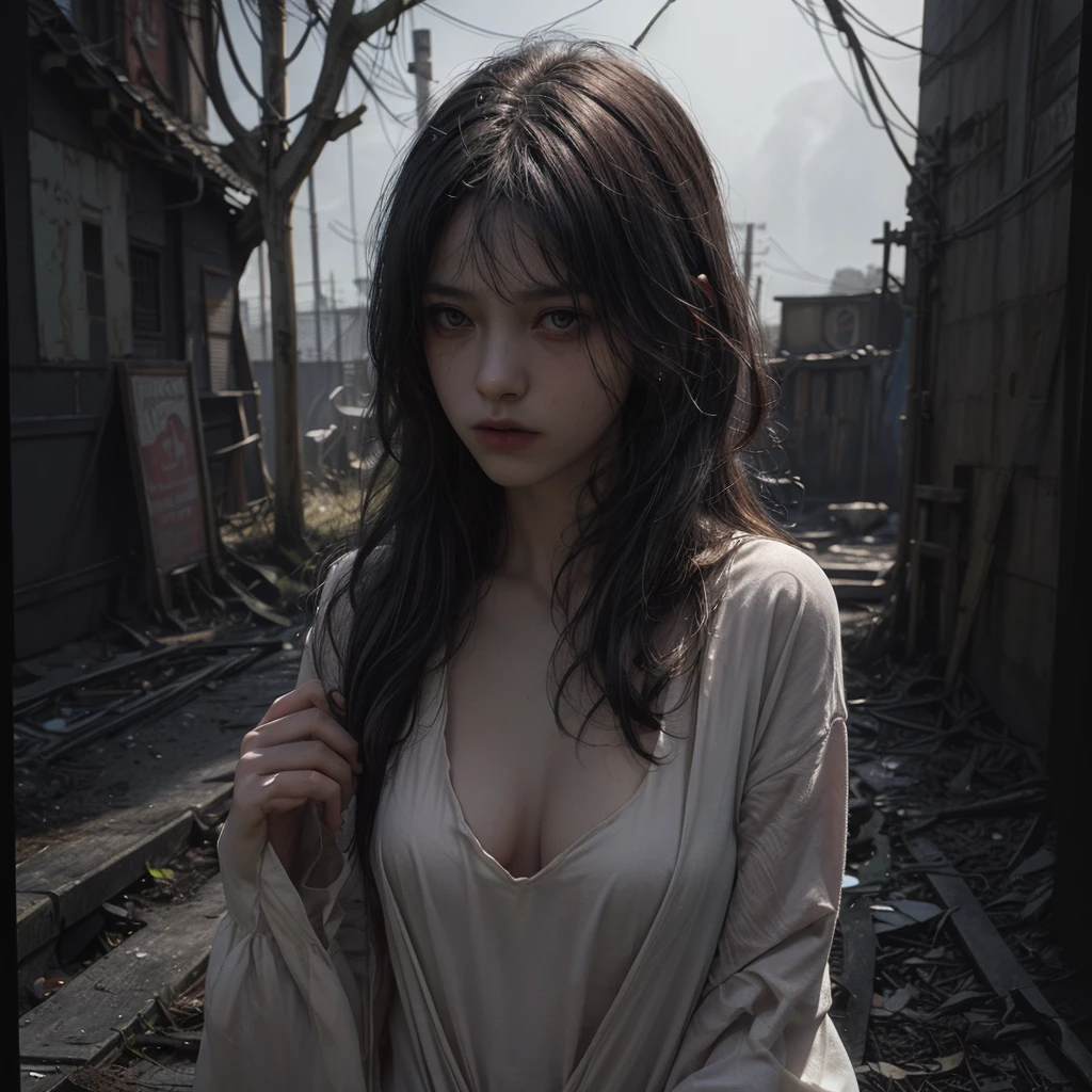 (best quality,4k,8k,highres,masterpiece:1.2),ultra-detailed,(realistic,photorealistic,photo-realistic:1.37),dark fantasy,street scene,unfamiliar environment,detailed buildings,ominous atmosphere,mysterious creatures,horrifying presence,unsettling,shadowy figures,intense darkness,young girl,long hair,innocent face,vulnerable position,hopeless situation,distressed expression,starry sky,dimly lit street lamps,dark colors,overgrown plants,quirky architecture,strange symbols,haunting shadows,abandoned feel,loneliness,magic in the air,creepy atmosphere,enchanted surroundings,gothic elements,otherworldly aura,dramatic composition,contrasting light and shadow,foreboding,uncertainty, bright weather, sunny day, brigth ambiences, light everywhere, nsfw, exposed woman, naked woman, nude 
