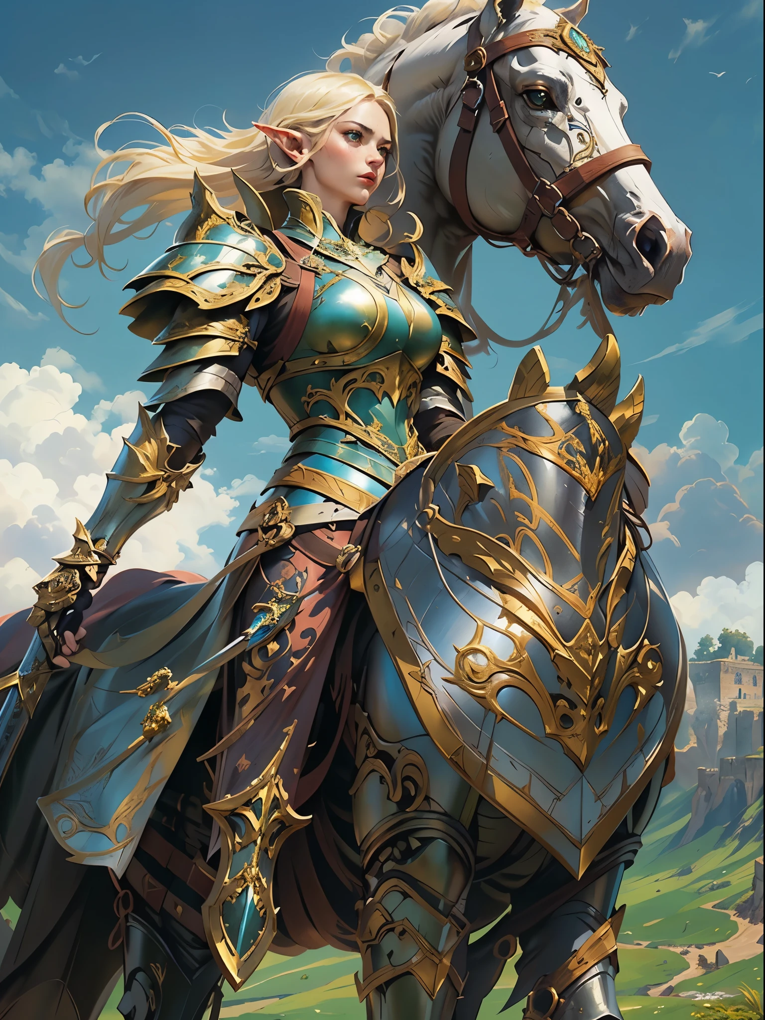 high details, best quality, 8k, [ultra detailed], masterpiece, best quality, (extremely detailed), full body, ultra wide shot, photorealistic, fantasy_world, fantasy art, dnd art, rpg art, realistic art, a wide angle, (((anatomically correct))) a wallpaler of an elf knight, elf warrior, princess knight, shinning knight, ready for battle with her mount (intense details, Masterpiece, best quality: 1.5), female elf (intense details, Masterpiece, best quality: 1.5), ultra detailed face, ultra feminine, fair skin, exquisite beauty, gold hair, long hair, wavy hair, small pointed ears, dynamic eyes color, wearing heavy mech armor, shinning metal, armed with elven sword fantasysword sword, standing near her mount, dynamic mount , green meadows, blue skies background and some clouds background depth of field (intricate details, Masterpiece, best quality: 1.5), full body (intricate details, Masterpiece, best quality: 1.5), high details, best quality, highres, ultra wide angle