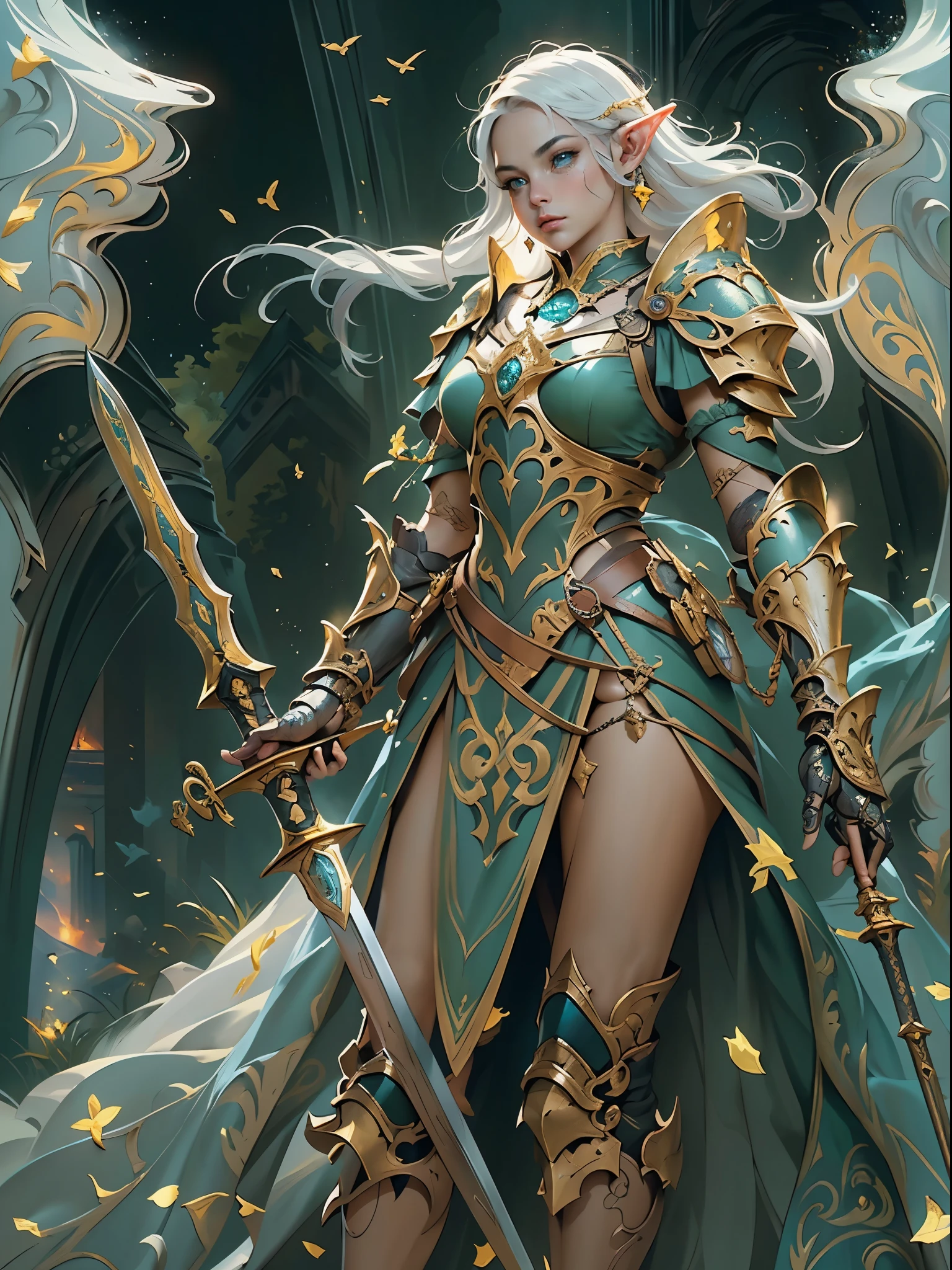 high details, best quality, 8k, [ultra detailed], masterpiece, best quality, (extremely detailed), full body, ultra wide shot, photorealistic, fantasy_world, fantasy art, dnd art, rpg art, realistic art, a wide angle, (((anatomically correct))) a wallpaler of an elf knight, elf warrior, princess knight, shinning knight, ready for battle with her mount (intense details, Masterpiece, best quality: 1.5), female elf (intense details, Masterpiece, best quality: 1.5), ultra detailed face, ultra feminine, fair skin, exquisite beauty, gold hair, long hair, wavy hair, small pointed ears, dynamic eyes color, wearing heavy mech armor, shinning metal, armed with elven sword fantasysword sword, standing near her mount, dynamic mount , green meadows, blue skies background and some clouds background depth of field (intricate details, Masterpiece, best quality: 1.5), full body (intricate details, Masterpiece, best quality: 1.5), high details, best quality, highres, ultra wide angle